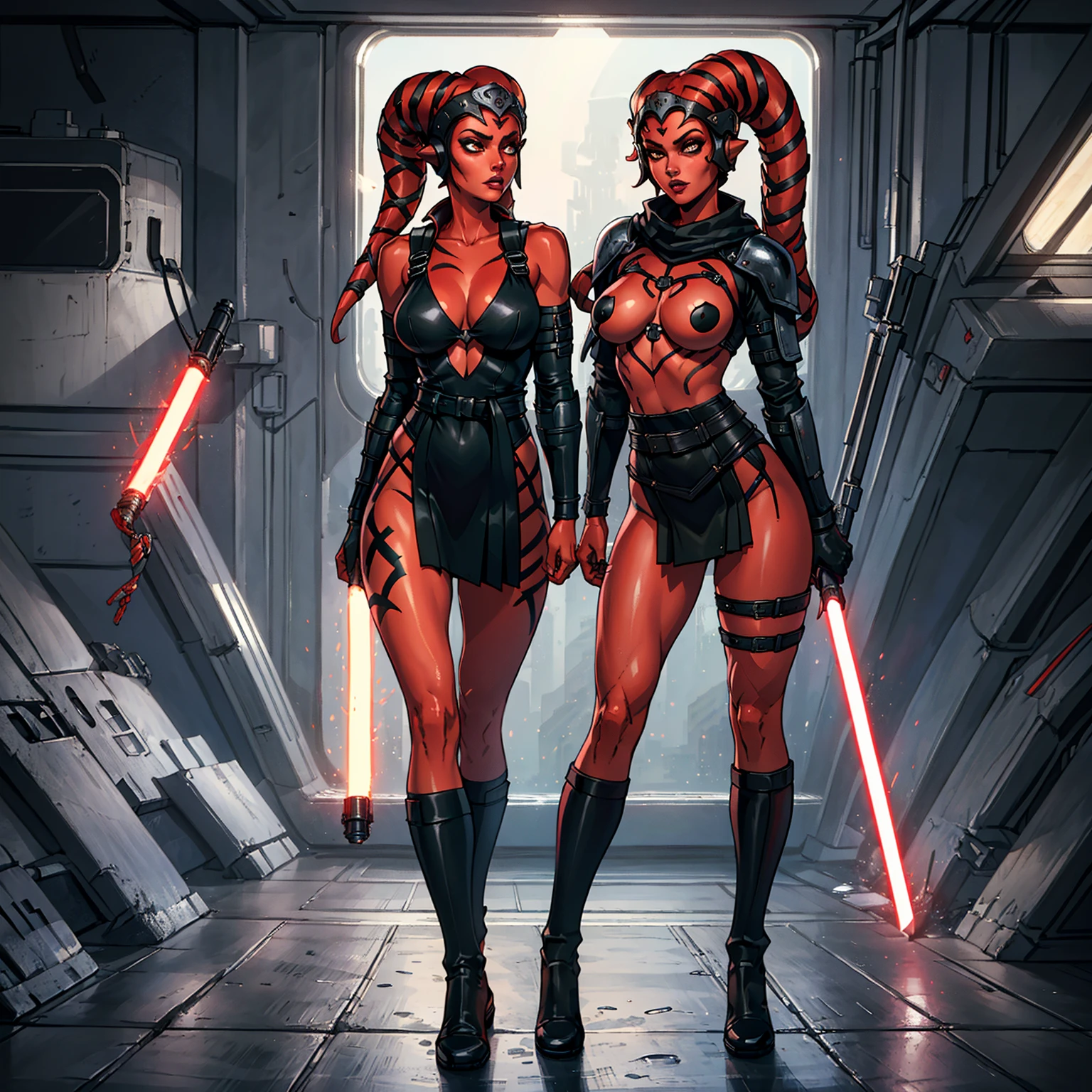 action scene, fighting, masterpiece, best quality, high-definition, armor, busty, ((red skin), twi'lek), dual red lightsabers, evil space knight, space ninja, (wearing black robes, black stealth armor, breastplate, tunic, tabard, cowl, cloak, body glove, straps, buckles, skirts, long sleeves, fantasy, ((armor))), ((busty), slender body, thin, slim sexy body, slim waist, (((huge breasts)))), Imperial starship, Star Wars,