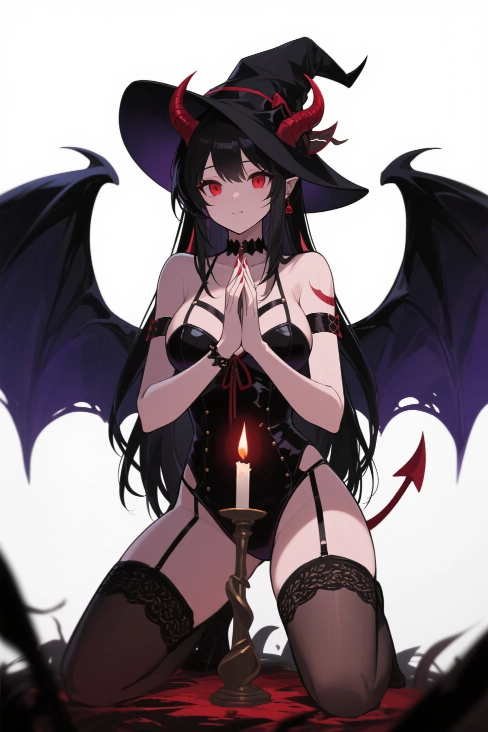 full body shot shot,portrait,solo person,a beauty girl,Hair over the shoulder,succubi,Happy,pointy ears,goat horn,high-heels,Put your hand to your mouth,Crossed waist with one hand,Whitish skin tone,Bow collar,比基尼,grin,Magic pupil,a garter belt,The demons,The demons翅膀,Bat wings growing on the back,Crop topping,Sexy dressing,underwear