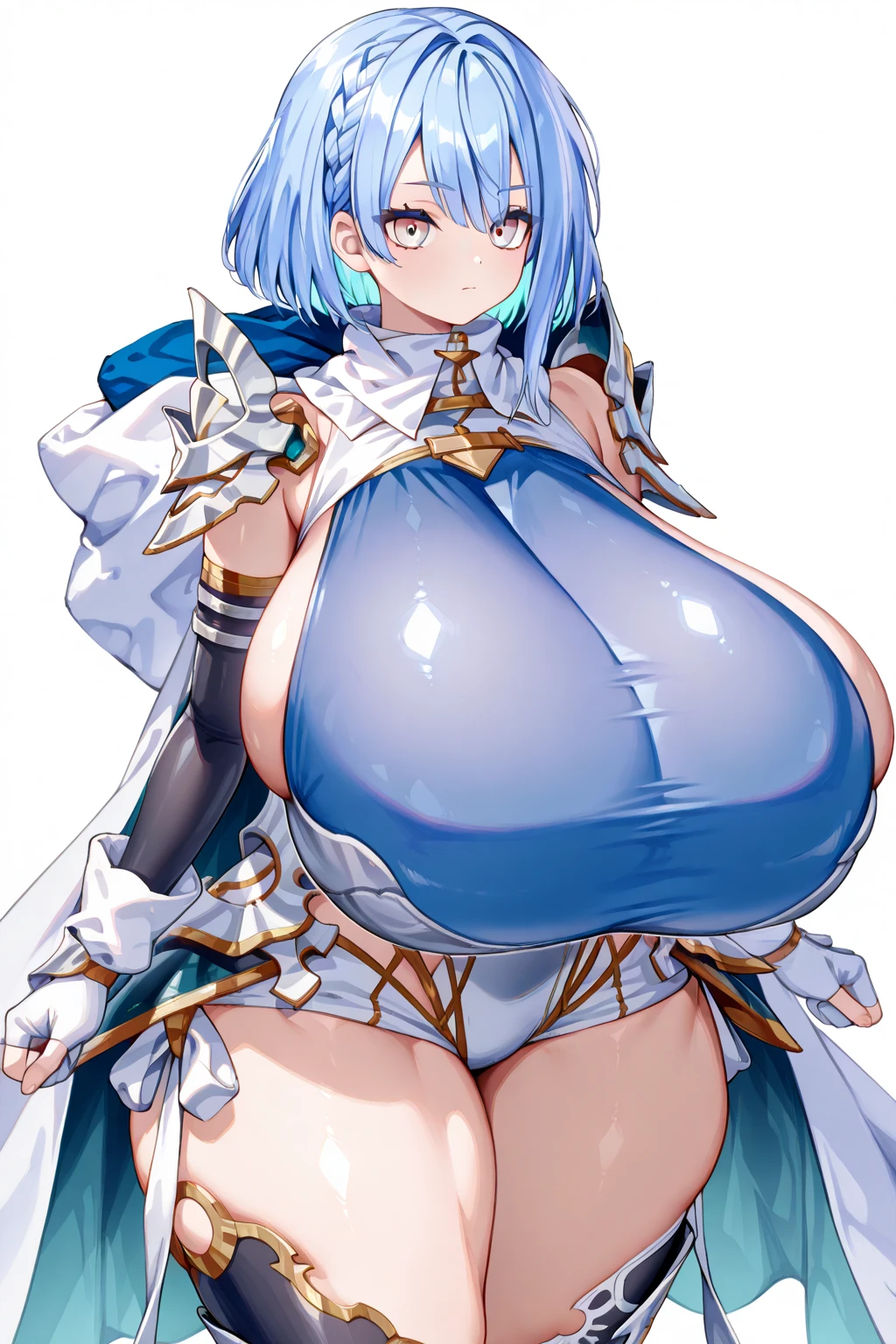 hof, 1girl, kiana kaslana, solo, small breasts, medium breasts, blue eyes, gauntlets, white hair, cleavage, jewelry, ponytail, earrings, bare shoulders, closed mouth, bangs, simple background, hair ornament, looking at viewer, hair between eyes, torn cape, armor, antenna hair, thigh boots, white thighhighs, black gloves, boots, white footwear, big belly, huge belly, vore, big belly, (big belly:1.7), (large belly:1.7), large belly, huge large belly, hermoso, obra maestra, mejor calidad, cara extremadamente detallada, perfect ilumination, hyper pregnant, (hyper pregnat:1.6), 1girl, solamente, (manos perfectas, Perfect anatomy), Masterpiece 8k, (belly con forma humana:1.3) , one eyes close , sonrojo, muslos anchos, caderas anchas, boca abajo, acostada, acostada sobre barriga, hermoso, obra maestra, mejor calidad, cara extremadamente detallada, perfect ilumination, 1girl, solamente, (manos perfectas, Perfect anatomy), Masterpiece, 8k, , cara detallada, (cara detallada;1.4), sonrojo, sonrisa, manos perfectas, sexy, NSFW