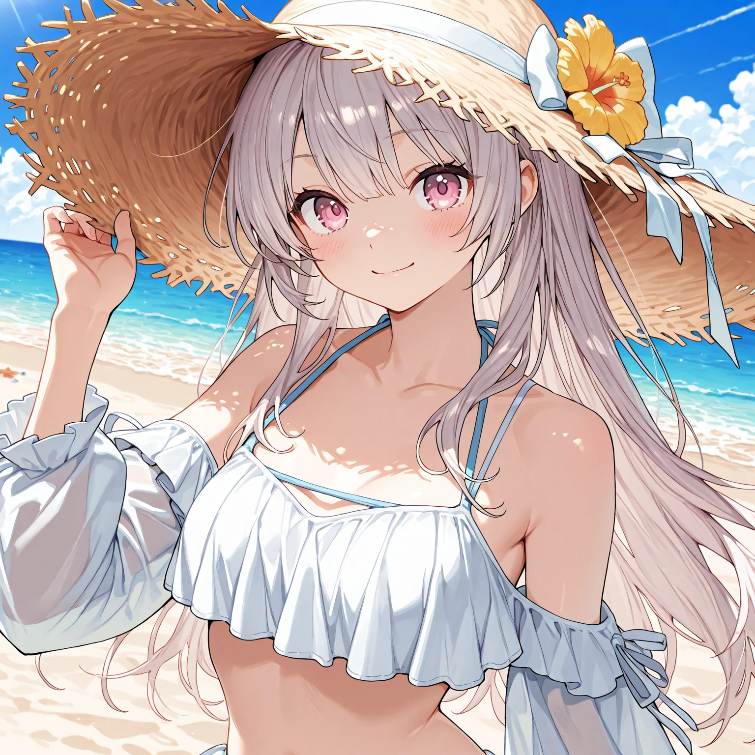 ((Best quality)), ((Masterpiece)), ((Ultra-detailed)), (illustration), (Detailed light), (An extremely delicate and beautiful), Dramatic perspective,A charming young girl,Pink swimsuit,Straw Hat Cap Topee