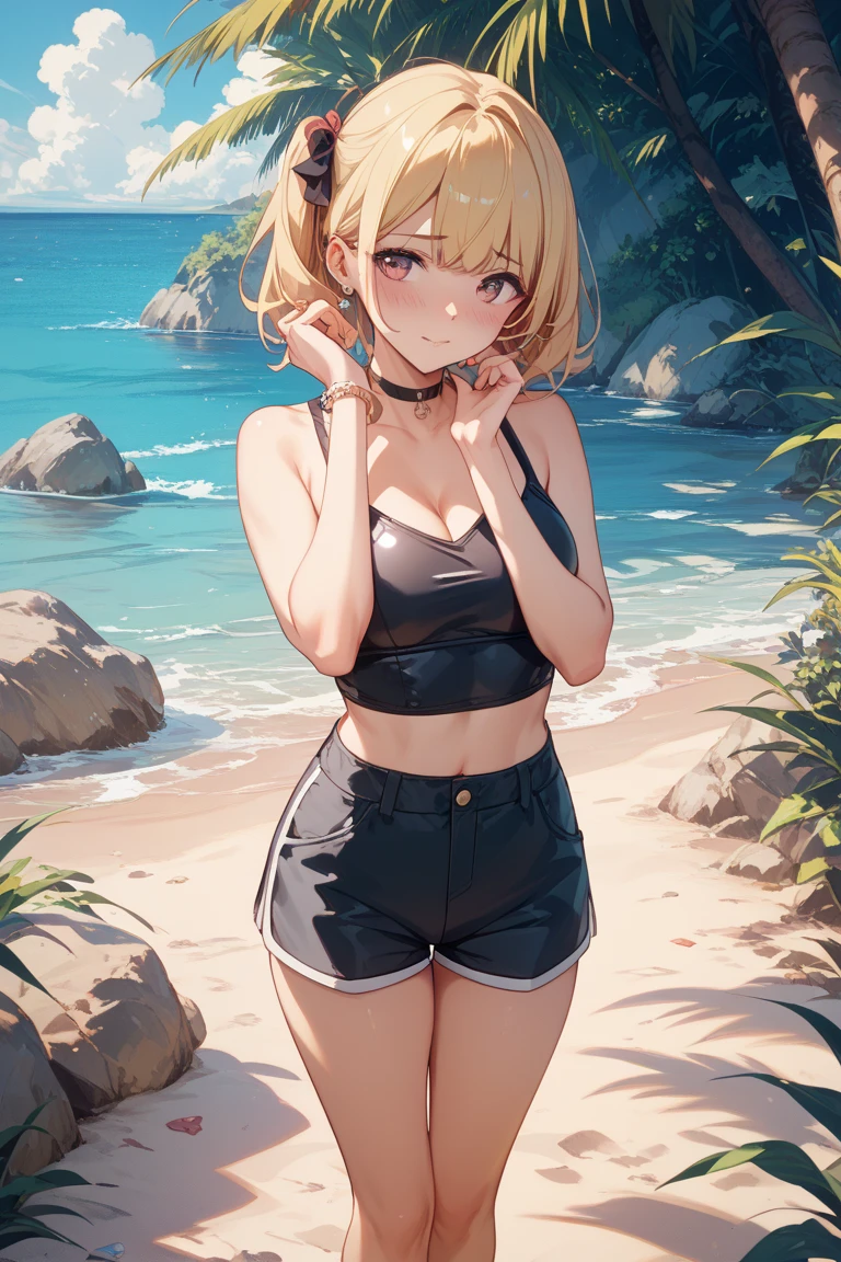 (highest quality, High resolution, perfect pixel, Depth of bounds written, 4K), beach, detailed eyes, (1 lady), tall, (skinny body:1.2) , (thin thighs:1.2), (Narrow hips:1.2), medium breasts, blond hair, (ponytail:1.2), (yellow Short pants bikini:1.2), (unbutton:1.3), (cross halter bikini), (rio cut pants), (panty strap:1.3), (denim short panty pull), (wariza:1.5), (breast hold), (clear face), sweat, 