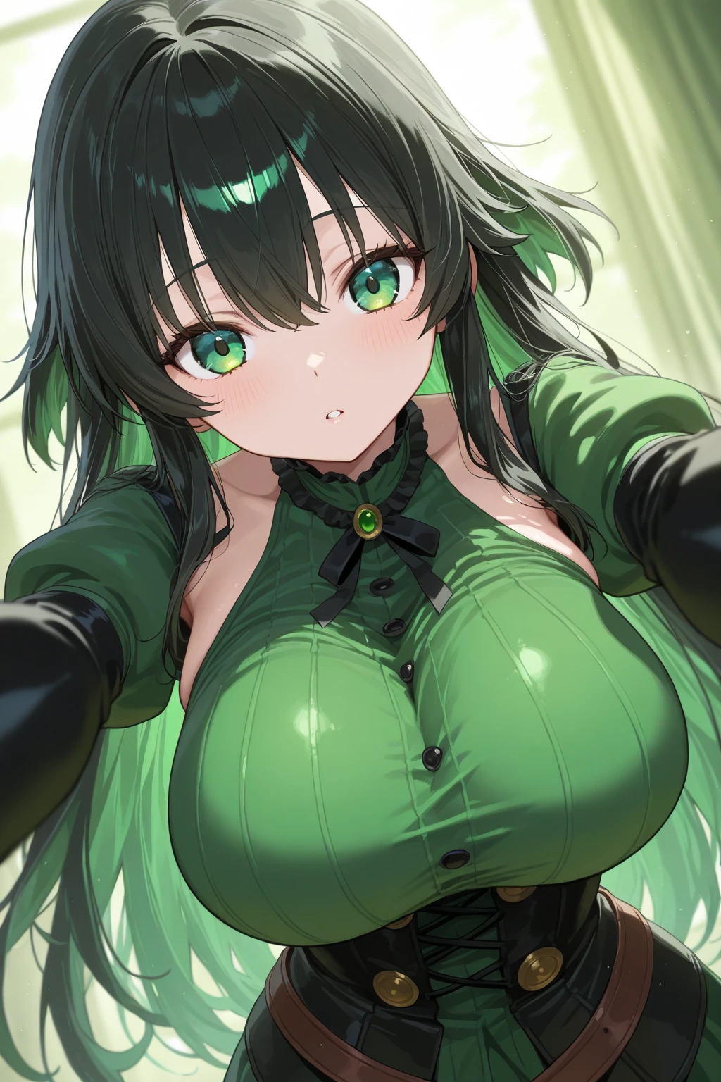 maximum quality, intrincate details, female Izuku Midoriya, long green hair, big breasts, big hips, provocative pose, sexual body, sexual smile, light blush, looking at viewer, keeping eye contact, naked, emerald apron, precise hands, cleavage
