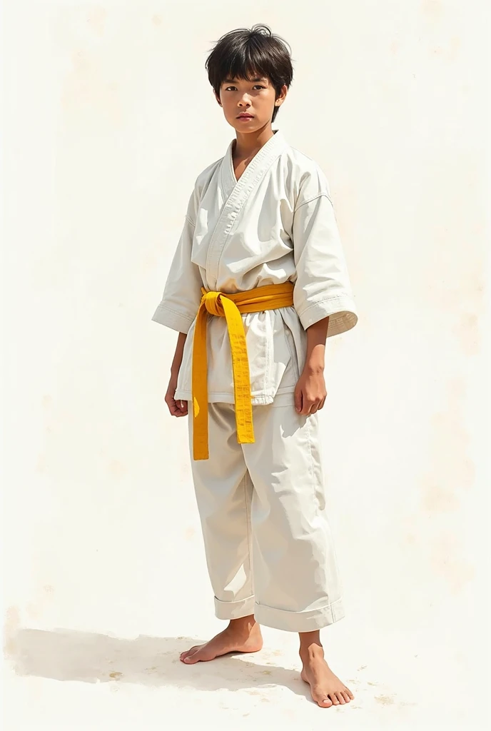 Full size A karate teen boy in karate uniform in white dress and red belt standing in straight Stance towards the screen and the background is green