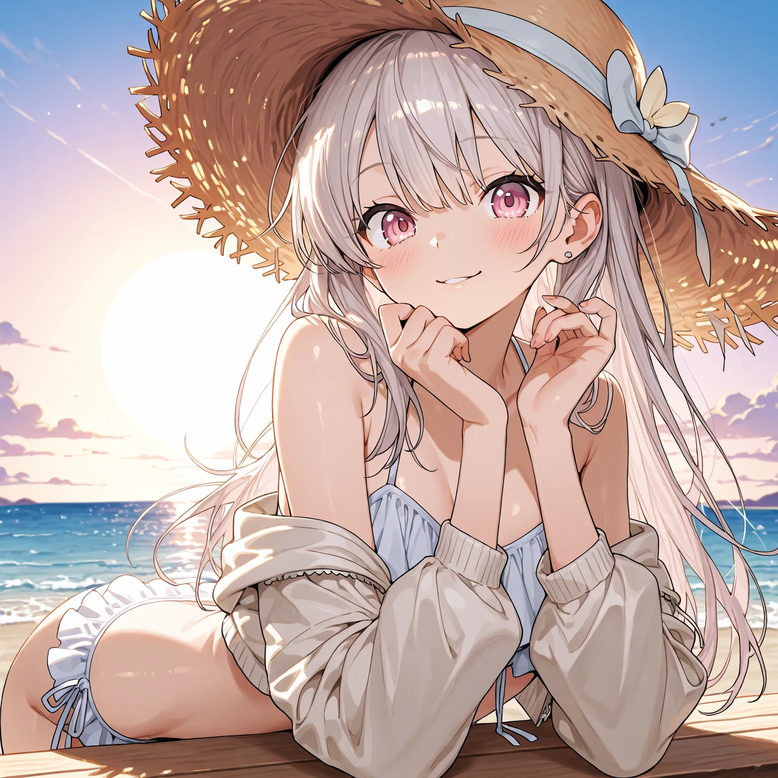 index, index A Certain Magical Index, (green eyes:1.5), silver hair, long hair, (flat chest:1.2),Upper body, full body,While strolling along the sandy sands of the beach、Silver hair waving in the breeze,white large straw hat,White Bikini Swimsuit,smile,blush,(masterpiece:1.2), highest quality, High resolution, unity 8k wallpaper, (figure:0.8), (beautiful and fine eyes:1.6), highly detailed face, highly detailed body,highly detailed hands,highly detailed fingers,Highly detailed feet,perfect lighting, Very detailed CG, (perfect hands, perfect anatomy),