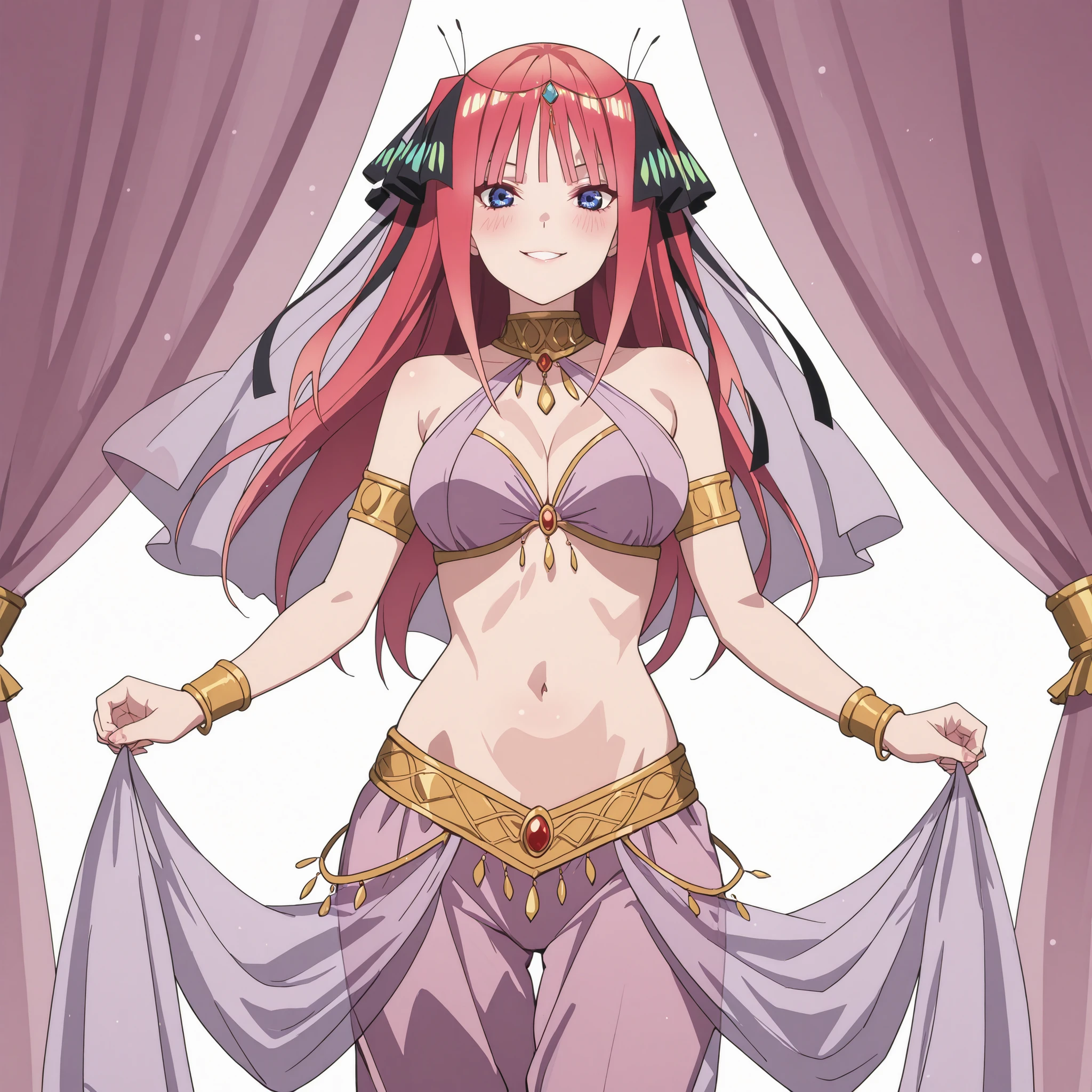 1girl:1 . 5) , (Seul:1 . 5) , score_9 , score_8_haut , score_7_haut , source_anime , Official work , ultra-detailed , masterpiece , best quality , high res , beaux yeux , detailed eyes , Detailed Face , beautiful detailed eyes , Quintessential Quintuplets,Nakano Nino, Arabian Dancer ,belly dancer costume , veil , golden jewlery, harem skirt, harem pants, belly dancing, harem veil , arabian garden , seductive smile, dynamic movement, sexy pose