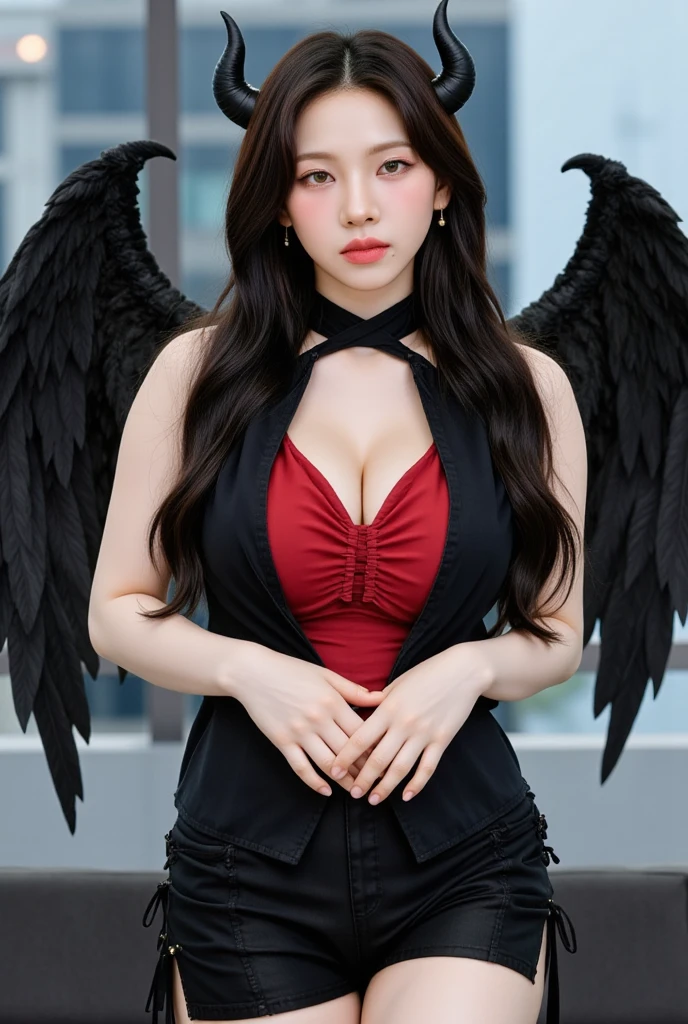 beautiful woman,horns,necklace,red dress,cleavage,tattoes,black wings,mini skirt,high thighs,fantasy dungeon,best quality,4k,8k,highres,masterpiece:1.2,ultra-detailed,realistic,photorealistic,photo-realistic:1.37,HDR,UHD,studio lighting,ultra-fine painting,sharp focus,physically-based rendering,extreme detail description,professional,vivid colors,bokeh,fantasy,dark,dramatic