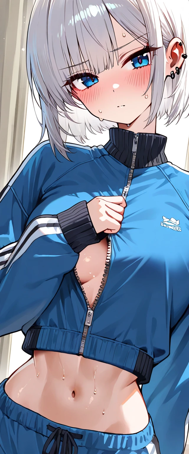 score_9, score_8_up, score_7_up, score_6_up, score_5_up, score_4_up, 1girl, Qiqi (genshin_impact), genshin_impact, small breasts, collarbone, breasts focus, floox style, \\\\\ jacket,, open clothes, light blue jacket, light blue track suit,, sportswear, standing, track jacket, light blue track pants, track suit, \\\\\ steam, steaming body, sweat,, rating_????????, high resolution, deep breath, head out of frame, grey background, solo, nipples, (loli:1.2), finger to mouth, ?, sleepy person, light purple hair, short hair, magenta-colored eyes