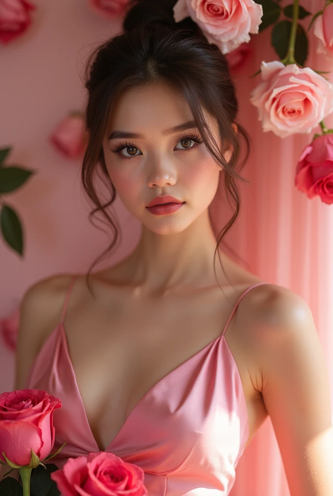Beautiful sexy girl, smooth skin as white as milk, shoulder length brown hair, brown doll eyes, beautiful facial features like a doll, wearing pink sexy lingerie, the wallpaper in the room is sensual and spacious, crying pleasure, her beautiful pussy was poked by the cock, finely detailed