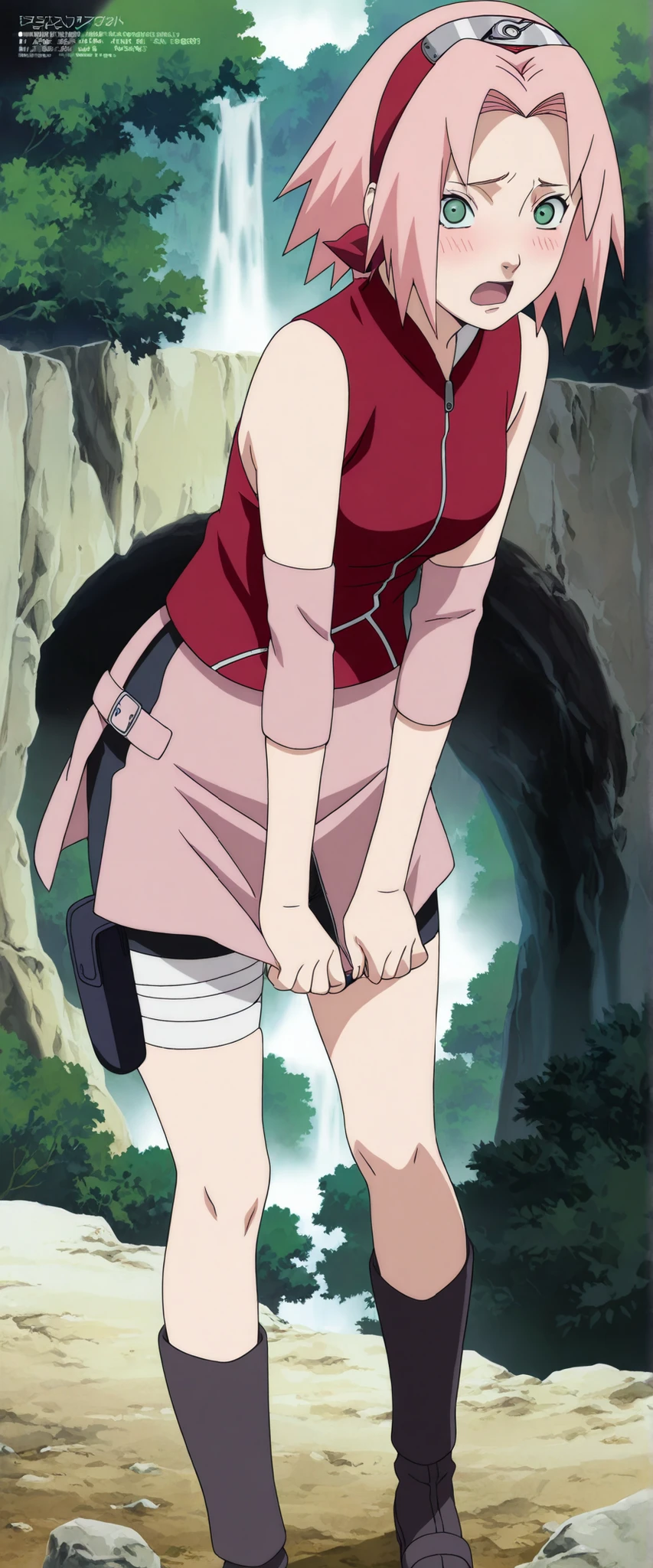 1girl,haruno sakura standing look at the viewer, BREAK pink hair, short hair, red hairband, green eyes, parted bangs, BREAK red sleeveless minidress, zipper, pink miniskirt, bandaged thigh, BREAK medium breasts, beautiful body, beautiful legs , masterpiece,best quality,amazing quality,professional quality ,very aesthetic ,newest,scenery, ultra detailed ,highly detailed ,intricate , absurdres , high resolution , 4K , 8K , unity 8k wallpaper , crisp quality , sharp focus , rich contrast , rating_explicit , official art, official style,source_anime,anime screencap,anime coloring,megami magazine,anime,animated ,1girl, standing at konoha village, straight angle, full body, open mouth,talking,blushing, shy