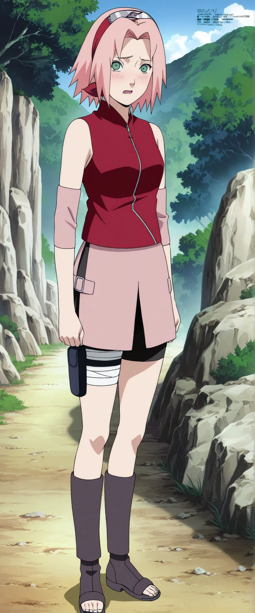 1girl,haruno sakura standing look at the viewer, BREAK pink hair, short hair, red hairband, green eyes, parted bangs, BREAK red sleeveless minidress, zipper, pink miniskirt, bandaged thigh, BREAK medium breasts, beautiful body, beautiful legs , masterpiece,best quality,amazing quality,professional quality ,very aesthetic ,newest,scenery, ultra detailed ,highly detailed ,intricate , absurdres , high resolution , 4K , 8K , unity 8k wallpaper , crisp quality , sharp focus , rich contrast , rating_explicit , official art, official style,source_anime,anime screencap,anime coloring,megami magazine,anime,animated ,1girl, standing at konoha village, straight angle, full body, open mouth,talking,blushing, shy