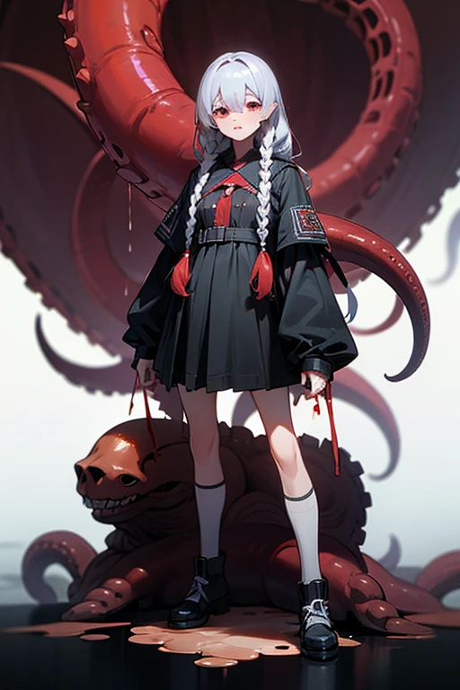 masterpiece,best_quality,concept_art,1boy,solo,shota,Necromancer,white_hair,long_jacket,purple_eyes,purple_liquid,wand,partly_bangs,hair_between_eyes,sneakers,black_legwear,((tentacles,skull,nightmare,flouting_eyeballs,blood)), --auto