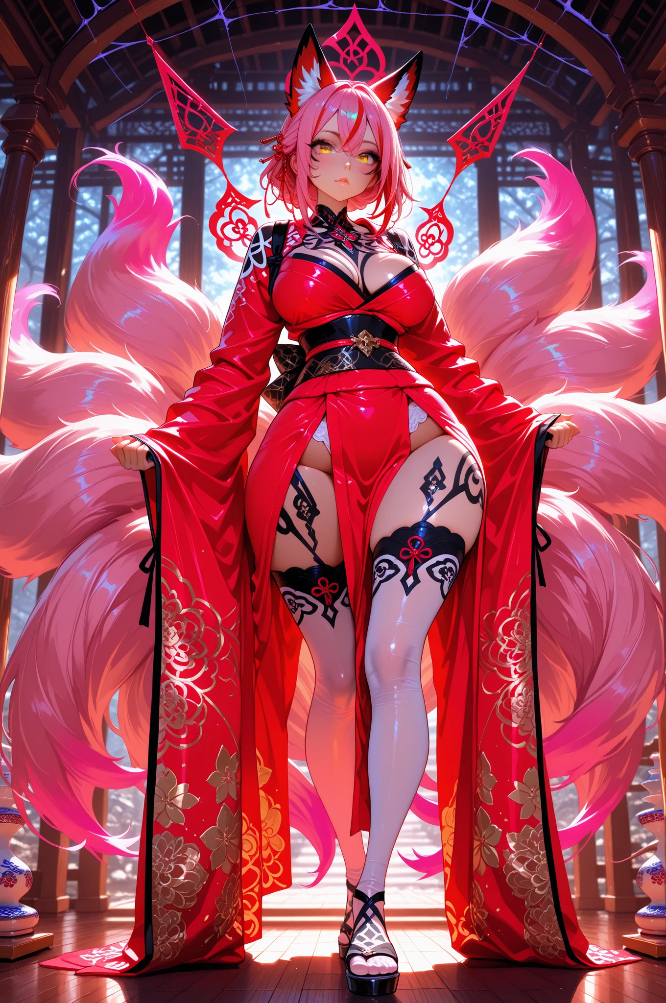 Knee socks,Large breasts, Pink hair, double tails, upper legs, white thighhighs, Pink clothes, Long legs, No bra, High heel,Red high heels, Bare_hindquarters, bangs, areola of breast, Elbow gloves, Chinese dress, Fat ass, hair tying, wears_navel, Looking_at_peeping at the viewer, Arms_Behind_Head, Blush, latex, Sleeveless_dress, Long hair, cosplay,Fantastic,straitjacket,Tight gloves,high-heels,Bring your feet together,Foot length,Sit,Chinese style cheongsam,on cheongsam,Gold ornaments,Gold lace,Long straight hair,Headbands, Thin body, Fair skin, Broad lighting,Glossy Clothes, black thighhigns,Chinese-style architecture,China-style,gazebo,Lace,laughingly,Quaint,Tight cheongsam,Flowing cheongsam,knee high stockings,Hand on the floor,Bright cheongsam