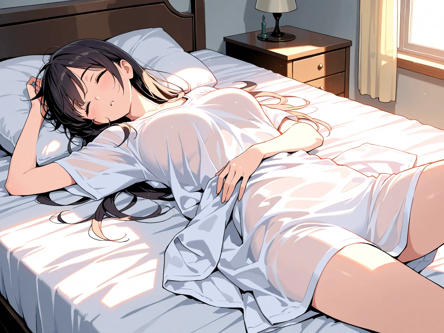 a afroHero (masterpiece, best quality), Female brunette, woman character, (((waking up in bed on my stomach, with a sleepy face, in a bedroom))), (comic style artwork with perfect anatomy), perfect body, transparent wet ultrathin white dress shirt unbuttoned, black knee high tights, (black short miniskirt), highly detailed--no outline