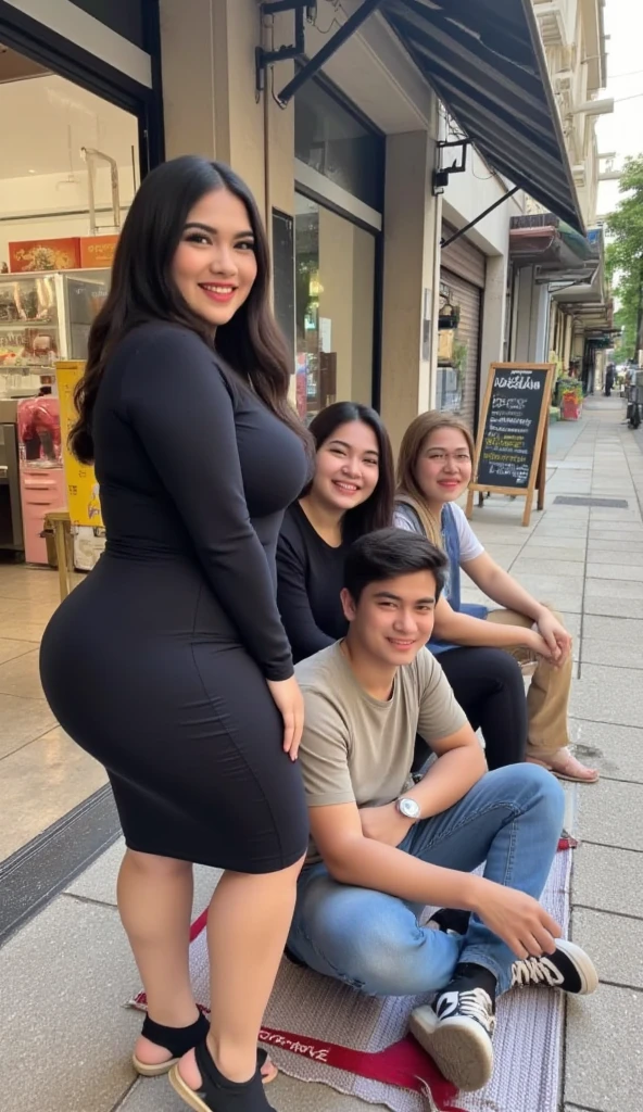 Happy family, women huge breast, big booty, full body, medium dress, sexy dress, full family