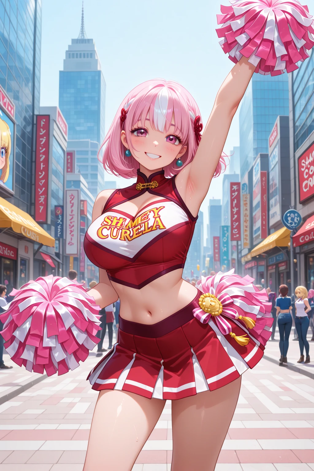 ((wearing cheerleader outfit a silver_color)), skinny, 4 defined fingers, 1 defined thumb, looking at viewer, solo, 1 woman, 25 years old, AI generated, highest quality, masterpiece, skindentation, perfect face, 8k , Dynamic Pose, (short hair), (pink hair:1.5), bob cut, black eye, smile, ((thin thighs)), medium breasts, perfect limbs, sexy, (visible nipples:0.9), (camel toe:0.3),, (bright Chinese park), Dutch Angle, ((The costume is metallic, shiny and lustrous)), facing straight at viewer, (standing), sexy pose,holding pom poms a ((golden)),
