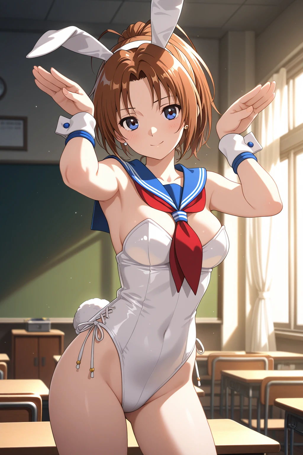 ((masutepiece, Best Quality, hight resolution, nffsw, Perfect Pixel, depth of fields, 4K, )), 1girl in, Solo, , Beautiful anime girl, Beautiful Art Style, close up, Looking at Viewer, Perfect body, Short hair, brown hair, ponytail, mole on face, blue eyes, (large boob), Full face blush, Smile, thighs thighs thighs thighs, navy playboy bunny, red bowtie, garter belt, white background, bent over, hands on hips, side shot, Focus,