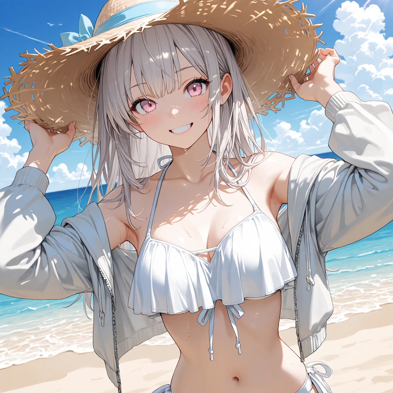 <lora:Zazie_Rainyday:.8> zazie rainyday, solo, white hair, dark-skinned female, facial mark, short hair with long locks, swimsuit, yellow bikini, beach, eyes closed, mouth open, happy