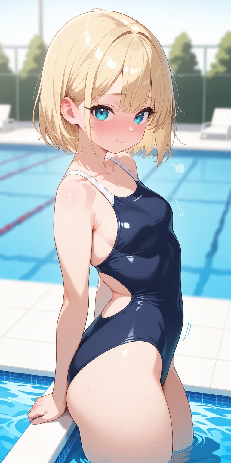 (((masterpiece))), ((highest quality)), ((Very detailed)), ((High resolution)), ((8k)), ((Anatomically correct)), The correct number of fingers, One Woman, Kagamine Rin, Vocaloid, Blonde Hair, short hair, Short, Very cute woman, delicate, Charming smile, Blue eyes, Bright Eyes, Best moment, Vivid eyes, Beautiful Skin, Cute face, delicateな腕, Detailed skin texture, Intricate details, Very detailedな顔, Beautiful Eyes, Beautiful curves, View your viewers, Beautiful thighs, School Swimsuit, Pool at night, Sweat,