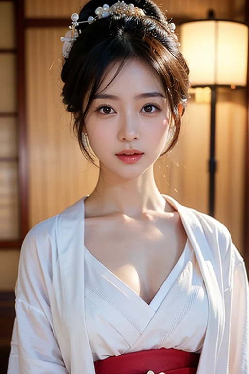 (Two pure Japanese,), (Small breasts:1.5,),(alone,,Textured skin, Detailed skin,Detailed face,Detailed eyes,detailed posing,Natural eyebrows,Sparkling eyes,Attention to detail, Highest quality, Very detailed, Surrealism, ,8k,RAW Photos,Photographicism,Professional Lighting,Ray Tracing,Portrait Photography,Soft Light),((Black Hair, Natural Makeup,Simple Earrings, Bun Hair,smile)),(((Stylish long-sleeved kimono,Chest circumference, National treasure-level kimono)))