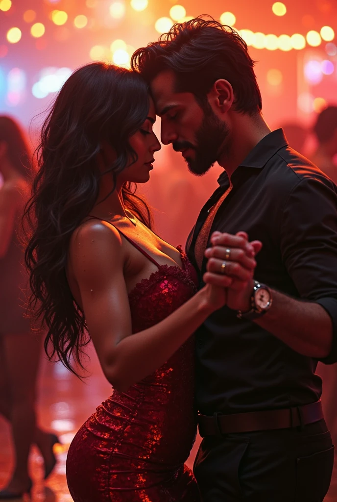 Sexy, stunning, Indian girl lifting a man cradled in her strong arms. She is standing confidently in a night club wearing an elegant dress. The man is large and overweight. She is extremely strong.