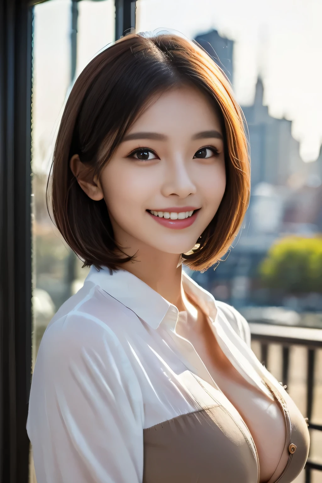 ((masterpiece)), ((Highest quality)), ((Complex)), ((Surreal)), (Realistic), (Mature Woman), ((No classes)), Very detailed, (1 female), Beautiful and exquisite, (Beautiful Teeth), Grin, Brunette bob hair, Brown eyes, ((blouse)), (Upper Body), (background:none), Perfect Eyes, Captivating eyes, Looking at the audience