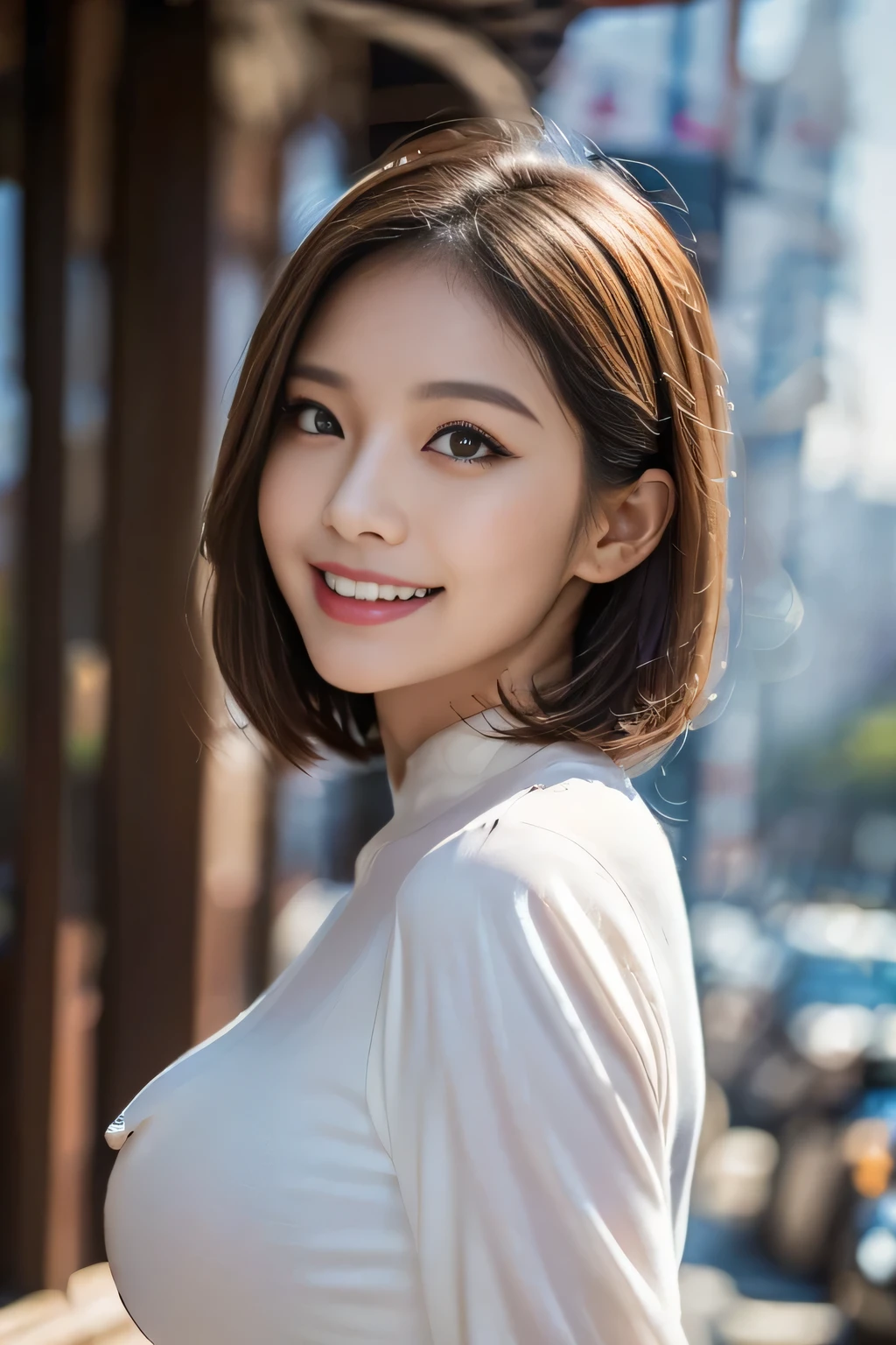 ((masterpiece)), ((Highest quality)), ((Complex)), ((Surreal)), (Realistic), (Mature Woman), ((There are no classes)), Very detailed, (1 female), Beautiful and exquisite, (Beautiful Teeth), Grin, Brunette bob hair, Brown eyes, ((blouse)), (Upper Body), (background:none), Perfect Eyes, Captivating eyes, Looking at the audience