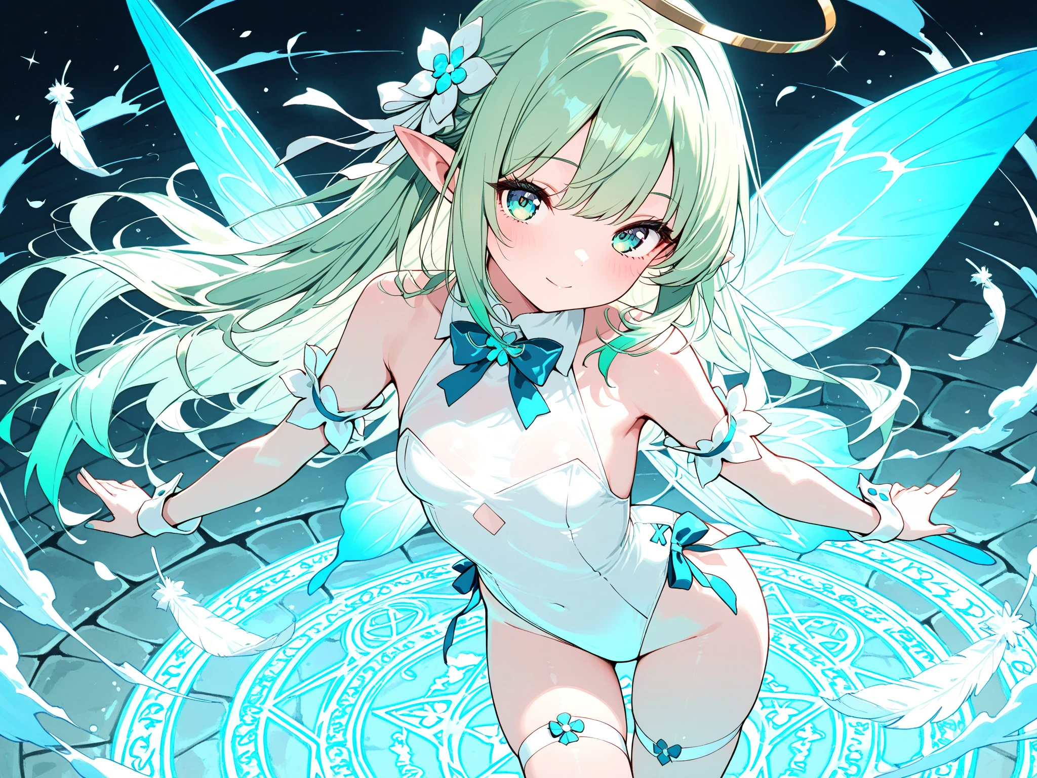 (Fantasy:1.4), (anime), ((Highly detailed 8K illustrations)), High resolution, (Highly detailed and beautiful backgrounds), Ultra-precision coating, Professional Illustration, Ultra-precise depiction, Ultra-detailed depiction, (beautifully、aesthetic:1.2), High resolution, (Written boundary depth:1.4), (girl), (bad no tabi), (bad \(bad no tabi\)), a bit, Big green ribbon on head、Big Ahoge、Green Hair, Green Eyes, kind, Small breasts, short hair, Green Uniform、,tie, , White shirt,  smile, Character Focus,Huge Ass、Protruding、Swimwear、naked