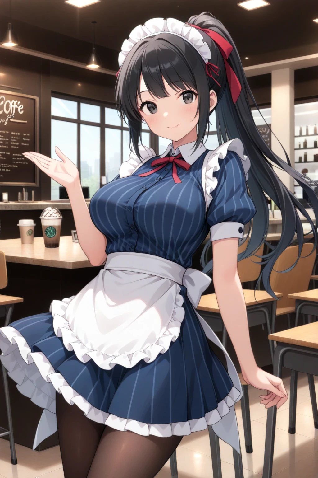 best quality, extremely detailed, anime style girl, long hair down to the waist, straight hair, dark black hair with bluish,crown braid,ponytail,beautiful detailed eyes, pinched eyes, dark blue eyes, gradation eyes,huge breasts,colorful Diner Clothing,café,dynamic pose,smile