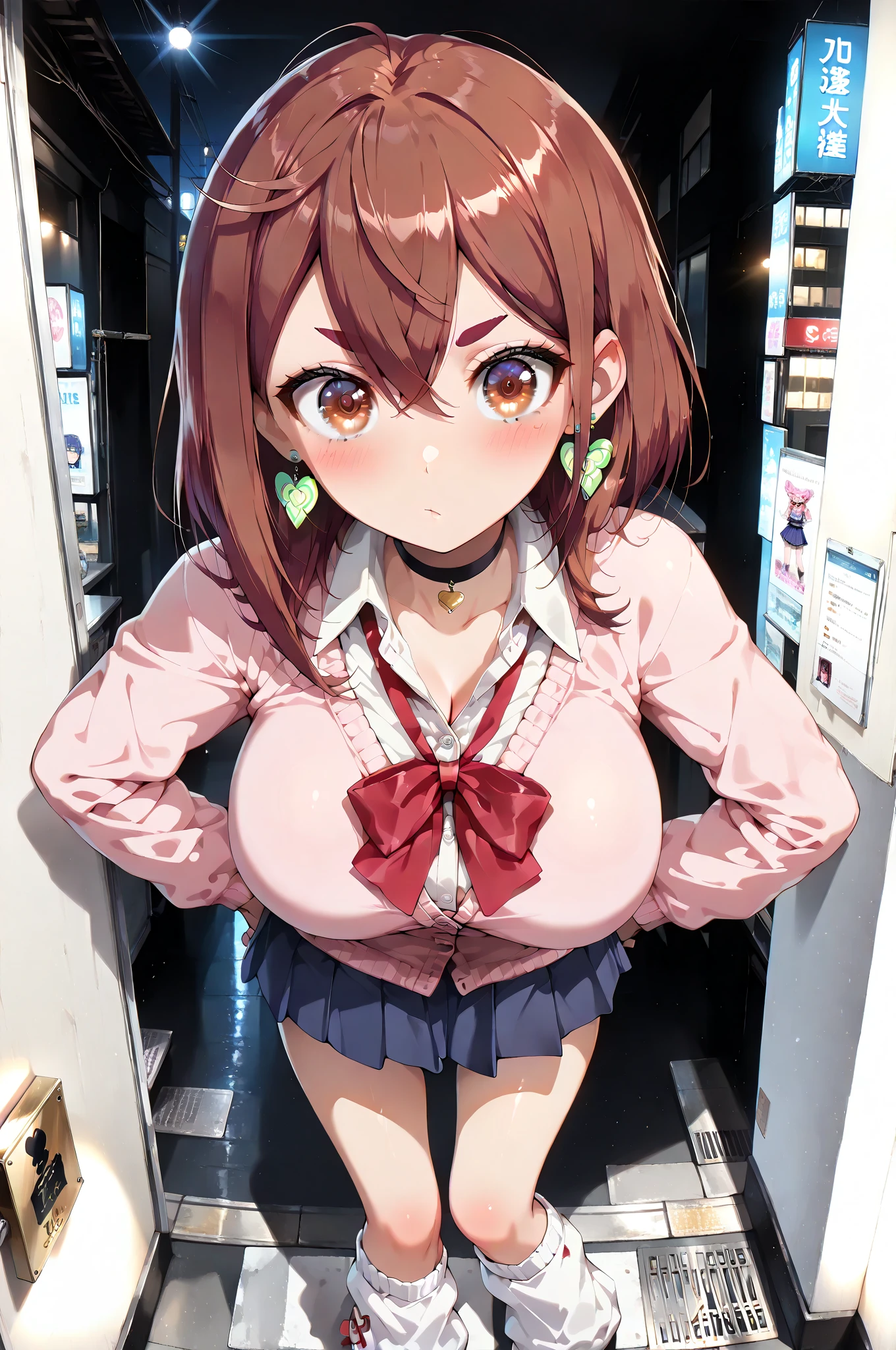 upper body, High quality, very high res, cute girl, brown hair, twin tails, Brushed up bangs, don't draw clothes, (nude),((topless)), medium breasts, pale pink nipples, brown pleated skirt, standing, arms behind back, smile, no background