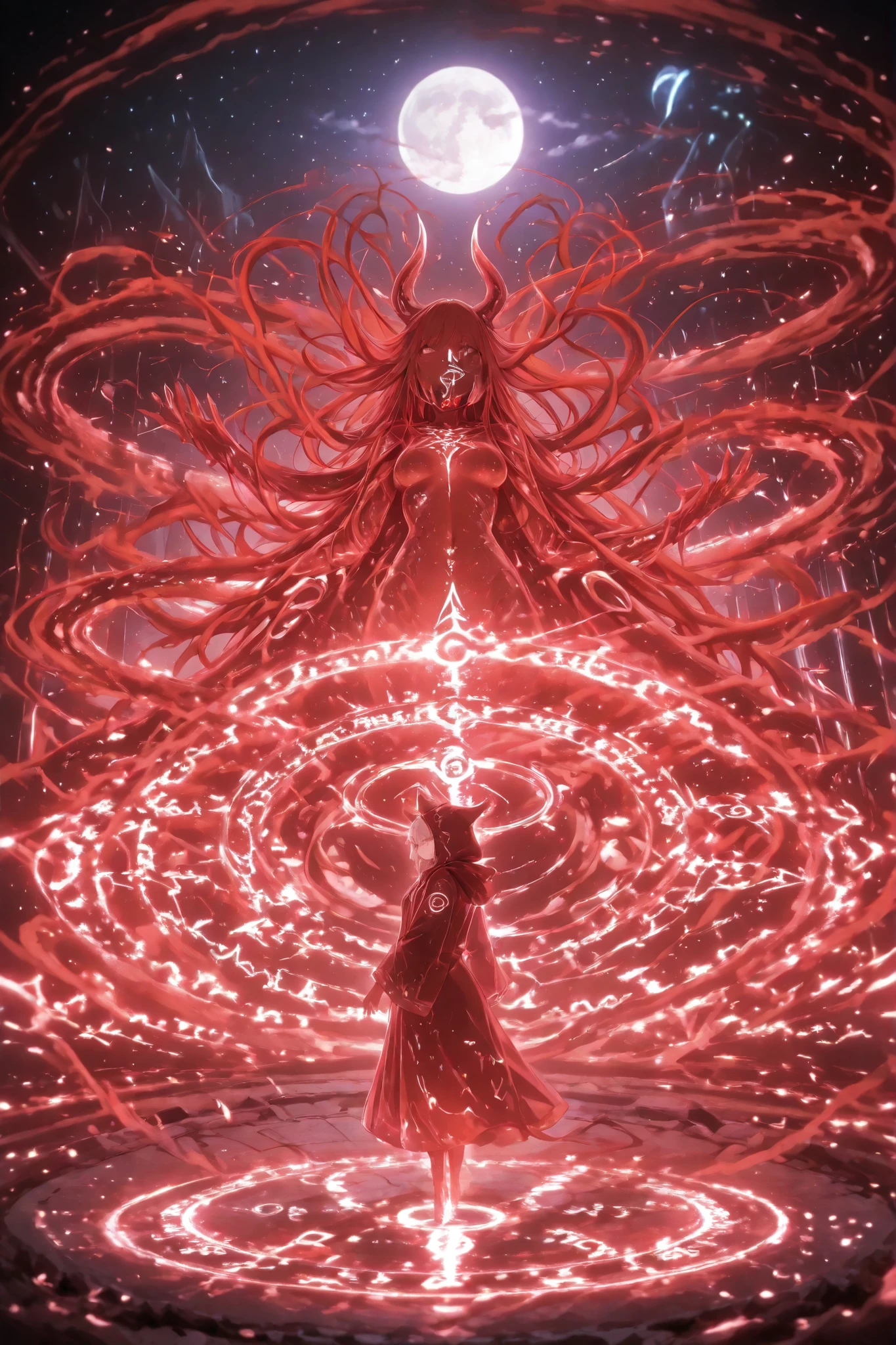 A dark, futuristic ritual scene on an alien planet. Two mysterious figures in hooded space robes stand within a glowing, high-tech summoning circle etched into the rocky ground. The sky is filled with swirling cosmic clouds, distant stars, and a cracked moon. From the center of the circle, a massive demonic entity begins to emerge — a Space Demon with twisted biomechanical limbs, glowing red eyes, and a body made of both flesh and alien metal. The air is electric with energy, runes floating mid-air, and strange symbols illuminating the ritual site. Style: dark sci-fi fantasy, cinematic lighting, high detail, concept art.