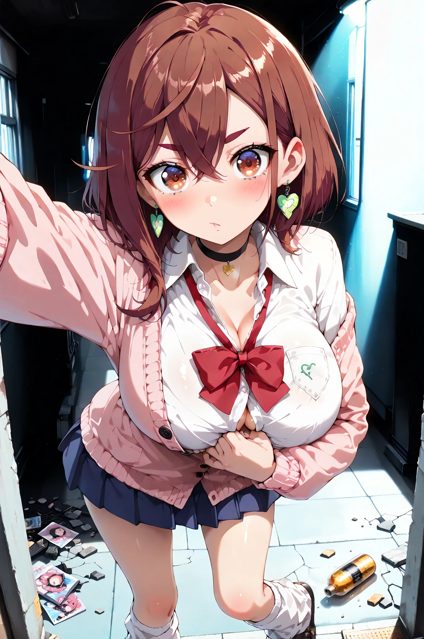 (sfw), (masterpiece:1.2), best quality, masterpiece, highres, original, extremely detailed wallpaper, (ultra-detailed), (best illustration), (best shadow), (Kobeni), small breasts, perky breasts, (white collared shirt), (blood stain:1.1), (horrified:1.2), (black necktie), (shirt stain), (stained), 1girl, looking at viewer, (scared:1.2), (tears:1.1), (brown eyes), (peace sign), unbuttoned shirt, open shirt, bra