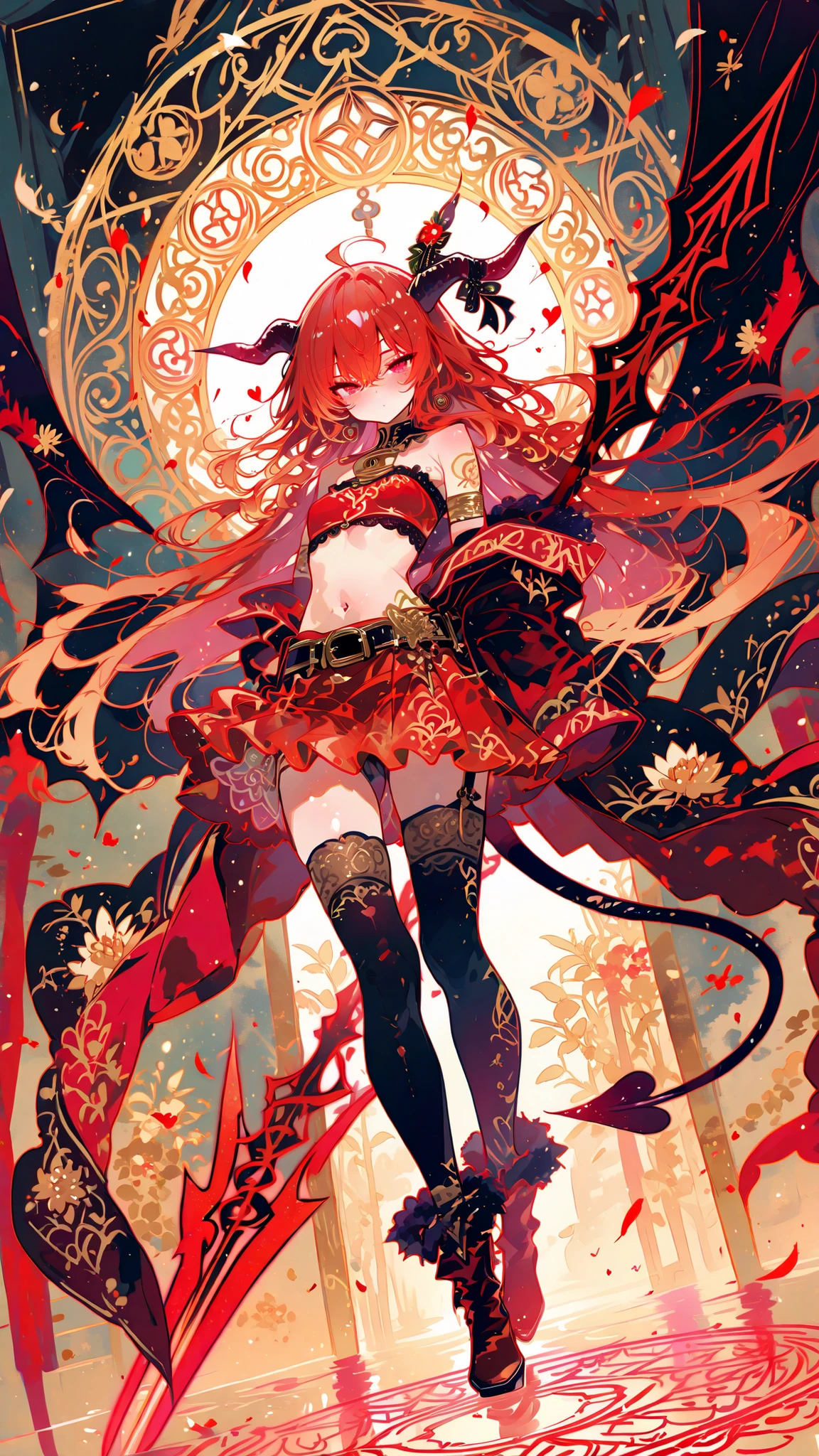 masterpiece, top quality, great quality, 748cmstyle, Miao Miao_Ruri Flower, Artistic、Gradation Outline、Devil Girl Summoned by the Magic Circle、 Devil's Horn 、Red Eyes(Glowing faintly)、黒い髪、long thin hair 、devil costume、Red Tube Top、 Red Mini Skirt、Red Spear、black stockings、red long boots、Heart-shaped Devil's Tail、Red Devil's Wings、Lovely Pink Magic Circle、Pose Appearing Above the Magic Circle、Golden Ratio Balance、wide angle lens