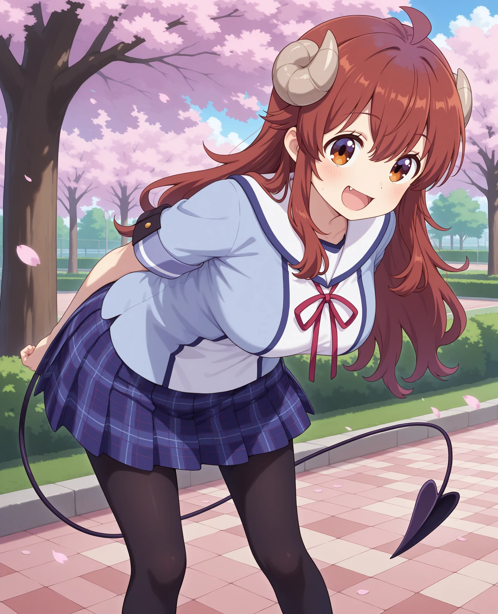 top quality, masterpiece, 1girl, Ayuko, long hair, Brown Hair, stupid hair, Horn, brown eyes, tooth, Demon Tail, school uniform, White Sailor Color, neck ribbon, blue shirt , SHORT SLEEVE, plaid skirt, blue skirt, black pantyhose, turn your arms around your back, lean forward, standing, Outdoors, open mouth, cherry blossoms, smile, Parks,