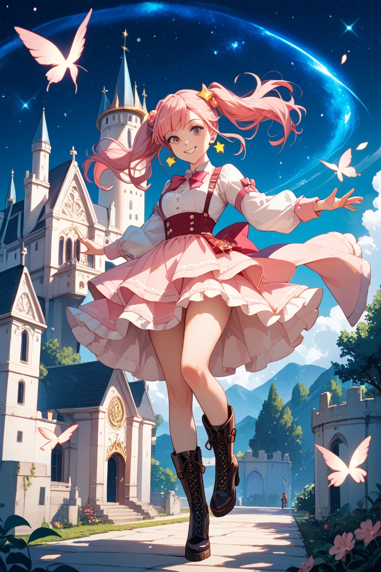 One person is 165 cm tall，Pink with gray hair，Blue star-like pupils，Purple with pink skirt，Elf beautiful girl ，Stand in front of the castle under the stars