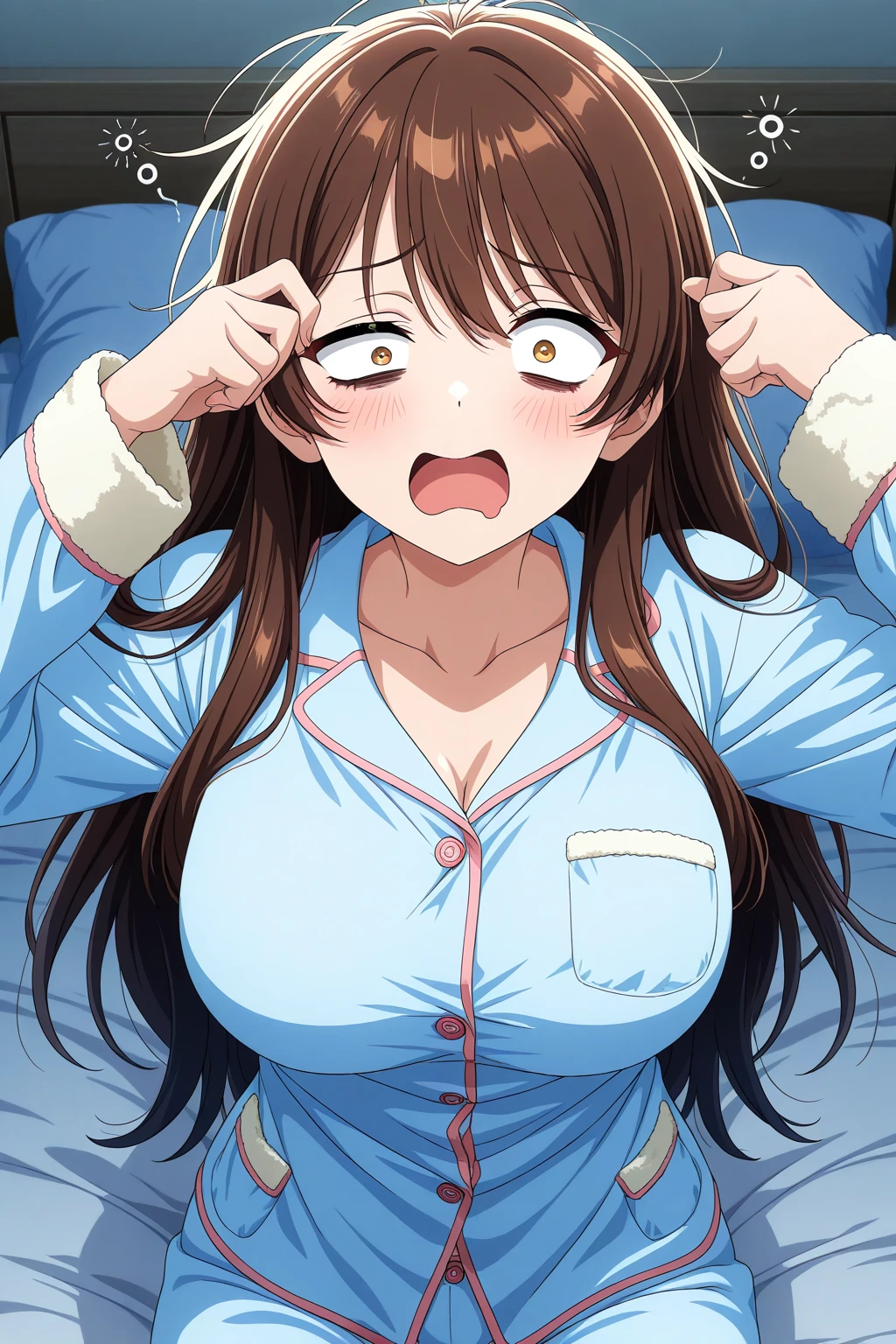 detailed illustration, dynamic angle, ultra-detailed, illustration, 1girl, 18 year old, school girl, nurse outfit, cleavage, wavy brown hair, long hair, bright brown eyes, cleavage, medium breasts, wide eyes, shock, surprised, shocked eyes, gasping, confused, walking into bedroom,
