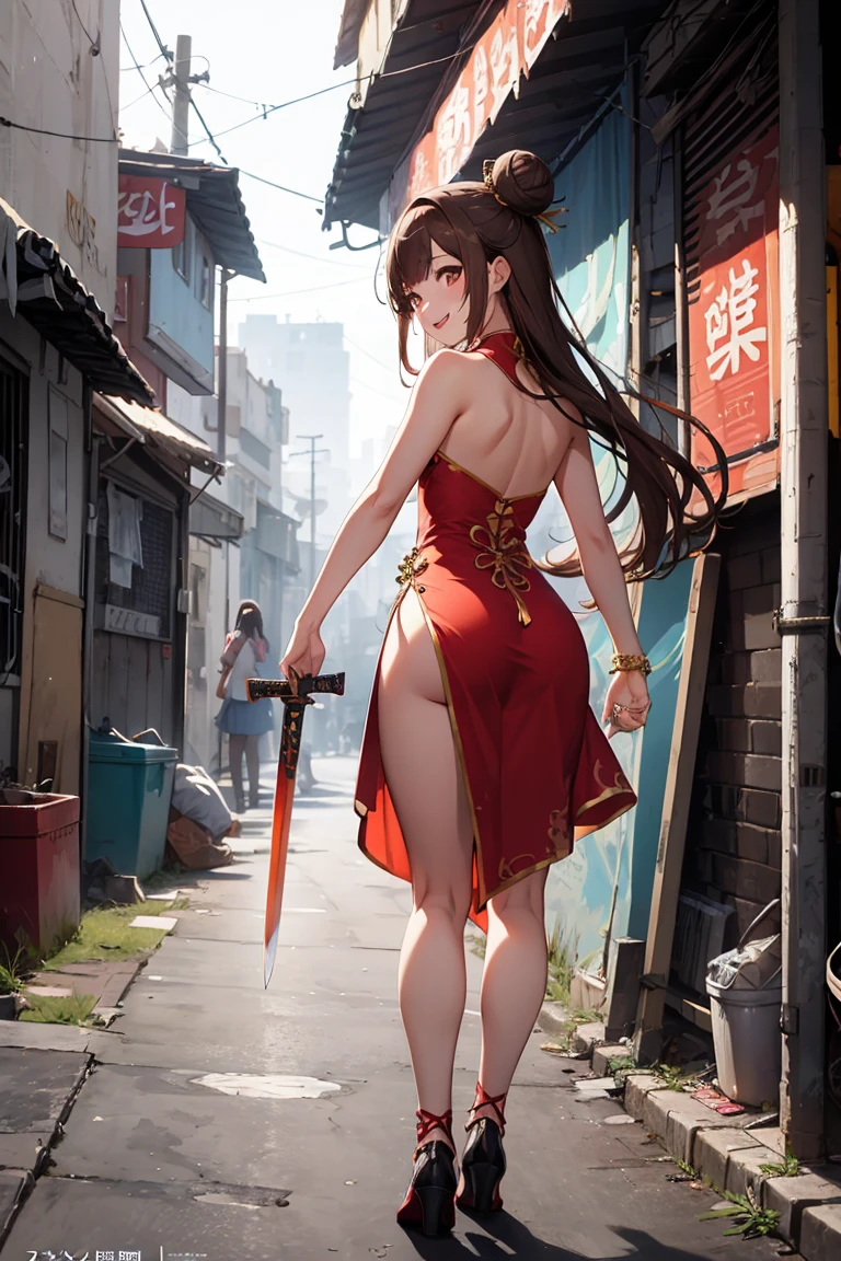 masterpiece, Best Quality, absurderes, Perfect Anatomy, Unity 8k Wallpapers,best anime,dynamic angle、action pose:cutting action、cowboy shot,20 year old beauty、boa hancock,black hair,long hair,center parted bangs,slender body,large breasts,kneeling,defeat、injury、red bruise from being beaten:1.3、crying:1.3,Glaring at the viewer:1.2、waitress,plain red kimono、Red pleated mini skirt、1holding a book sword in hand、A precise and accurately drawn sword、outdoor、deserted old shrine