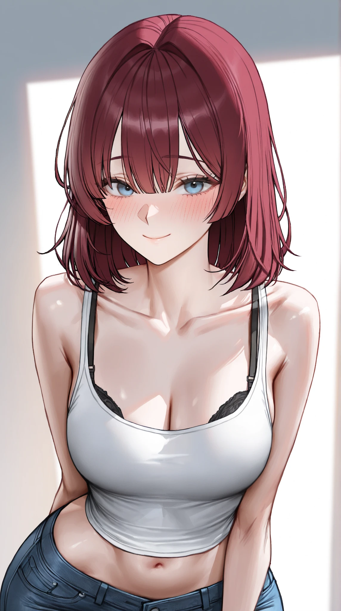 Maki nishikino,love live,highres,red hair , purple eyes,blush , tube top bikini, standing ,v arms,white background , shy