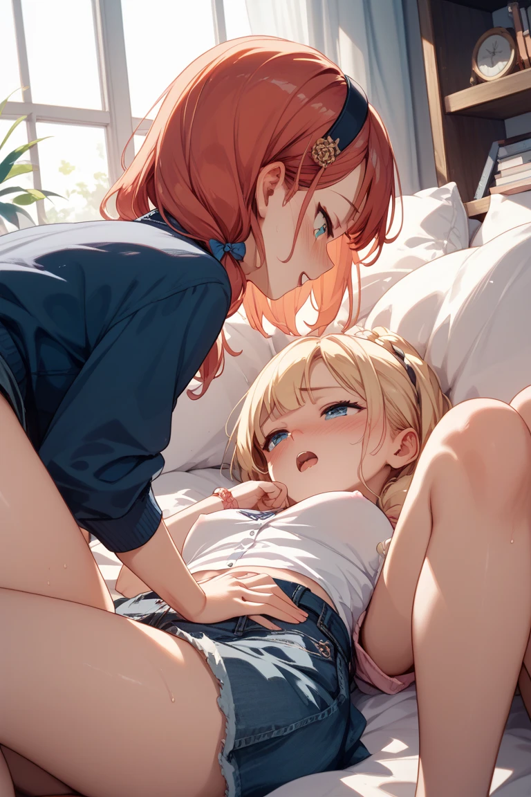 masterpiece, best quality, highres, short hair, hair ribbon, green ribbon, hairband, sailoruniform,((woman on top,vaginal,sex))