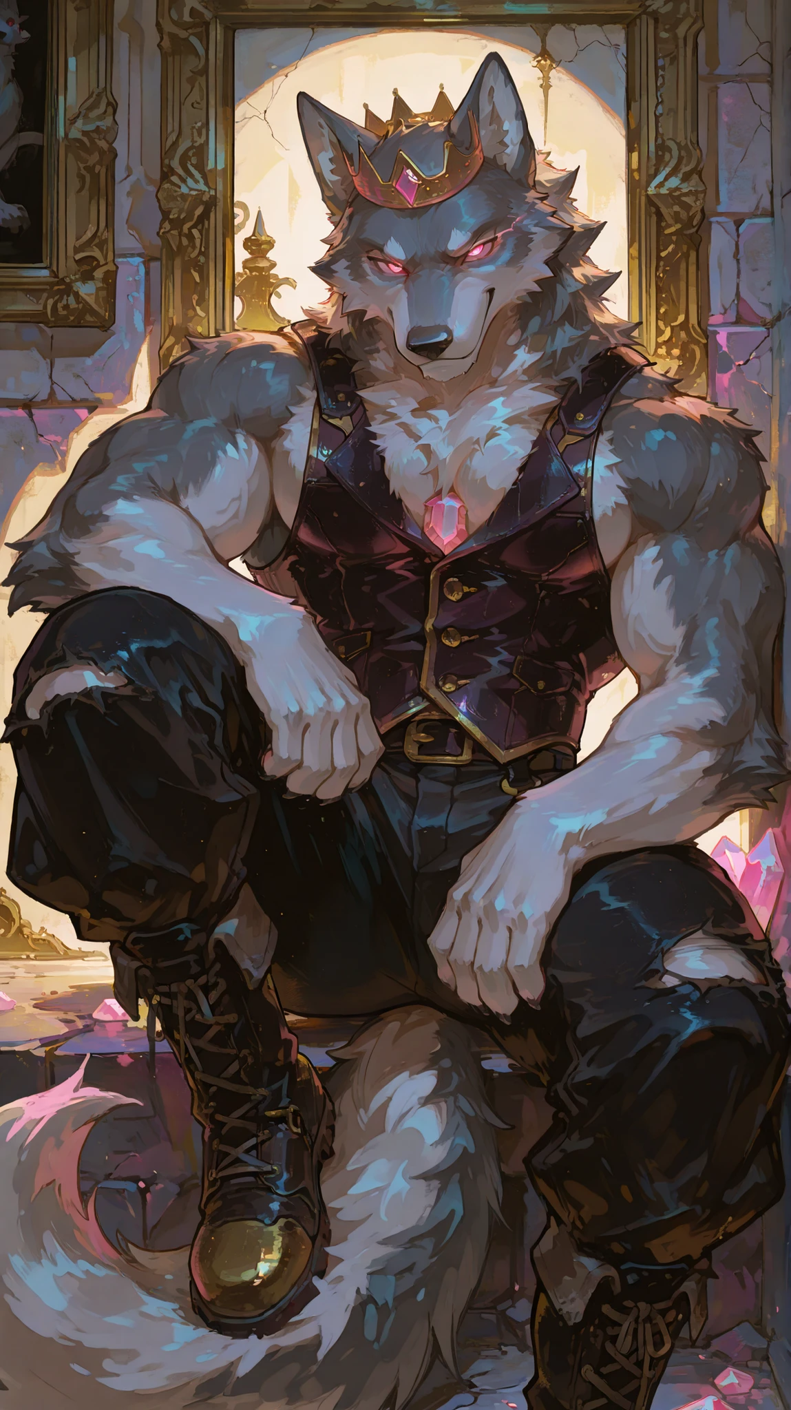 masterpiece, best quality, 8K resolution, HDR, 4K resolution, sharp focus, vibrant colors, anime cel-shading style, semi-realistic anime with detailed furry features, grey wolf beastman, anthropomorphic, powerful muscular build, pink eyes, wearing a torn black leather vest exposing chest fur, ripped dark trousers, steel-tipped boots, prominent pink crystal crown on head, sitting sideways on ornate gold picture frame mounted on cracked brick wall, one leg dangling off frame edge, other knee bent with paw resting on thigh, tail curling around frame corner, smirking directly at viewer with glowing eyes, dimly lit ancient gallery background, empty canvas inside frame, spotlight effect, mysterious atmosphere, only one character