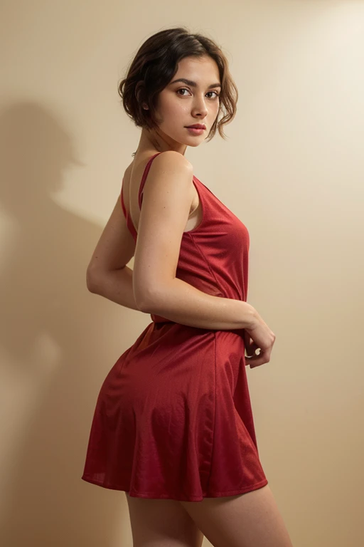 Elizabeth Henstridge, short hair,  sad expression, red dress, thin body.