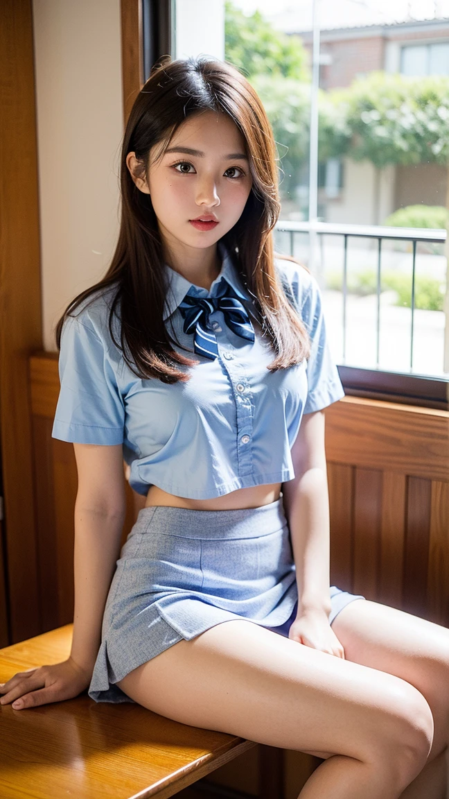 Very detailed CG Unity 8k wallpaper、Highest quality、Very detailed、masterpiece、reality、reality、Very detailedなかわいい女の子、16 years old、(Japan people in uniform)、((Photographed from the front:1.4))、((Shooting from a little below:1.4))、((Sitting on a red sofa:1.4))、blush、Cleft lip、Looking at the audience、Semi Body Shot、(A room in a love hotel)、(National High School Designated Shoes)、((Navy blue short pleated skirt:1.5))、((White short sleeve dress shirt for students:1.4))、((Navy blue panties:1.4))、((Dark blue ribbon:1.4))、(Long Hair Girl:1.7)、(Beautiful Face:1.3)、(perfect balance:1.2)、(Long legs:1.2)、(Small breasts:1.3)、((Blouse wet in the rain))、(Bra is sheer)、(((Wet Hair)))、((Upper Body))、reality、((Rain outside the window:1.4))、