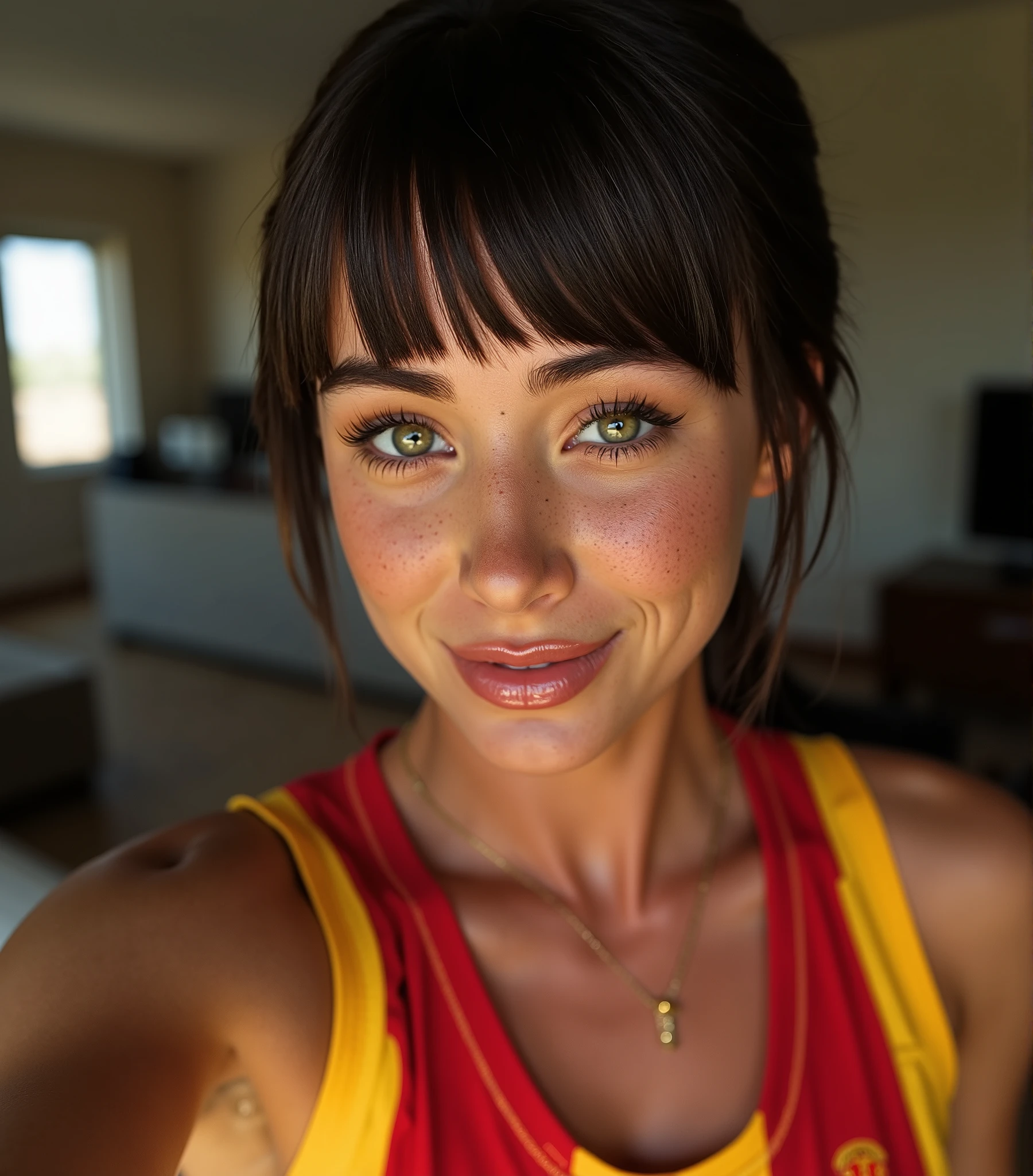 (sexy), ultrahigh resolution, great quality, 8k, photo and raw, best quality, masterpiece, hyperrealistic, incredible, photorealistic, extremely detailed, sharp focus, real person, very attractive and beautiful, (Sara Jean Underwood), (Sara Jean Underwood's facial features), (Sara Jean Underwood's face), (Sara Jean Underwood's body), (Silky jet black pixie cut hair with bangs), (green color eyes, iris and pupil perfectly defined), Detailed face, twenty three years old, model body, sexy body, (She's all smiles while taking a selfie at home wearing the new official Valencia CF 25/26 season jersey and short jeans), (with very little makeup on, full body photo, Sara Jean Underwood, captivating and tempting, Realistic, sensual look, sexy, Instagram model, sensual posing, natural pose, happy and sexy expression, goddess, perfect physical proportions, freckles on the nose), perfect mouth, perfect legs ,sinuous look, sexy look, stitching, (detailed skin), cinematic lighting, perfect detailed and pretty eyes, (Highly detailed body, perfect body measurements), detailed and tempting lips, (Body measurements 36D-24-34), (height 165 centimeters, weight 52 kilos), marking body clothes, marked breasts, rosy cheeks, juicy and sexy lips, perfect lips, wild and sexy hair, Full body view, Highly detailed CG unit 8k wallpaper, shot style, complex, High detail, Dramatic, Highest Quality Movie Still Image, Realistic Ultra Detailed Rendering Style, Natural Light, Crisp Character, DSLR, iphone 16 pro max, (intricate details), natural photography, natural light, extremely realistic and natural pose