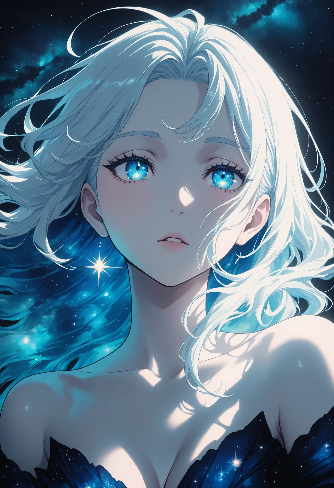 br_art, masterpiece, top quality, great quality, Newest, very aesthetic, upper body, 1girl, HDR, portrait, art style, starry sky dress, Lighting Effects, soft light, delicate texture, natural expression, Clear skin, Attractive eyes, pale tone, Calm Atmosphere