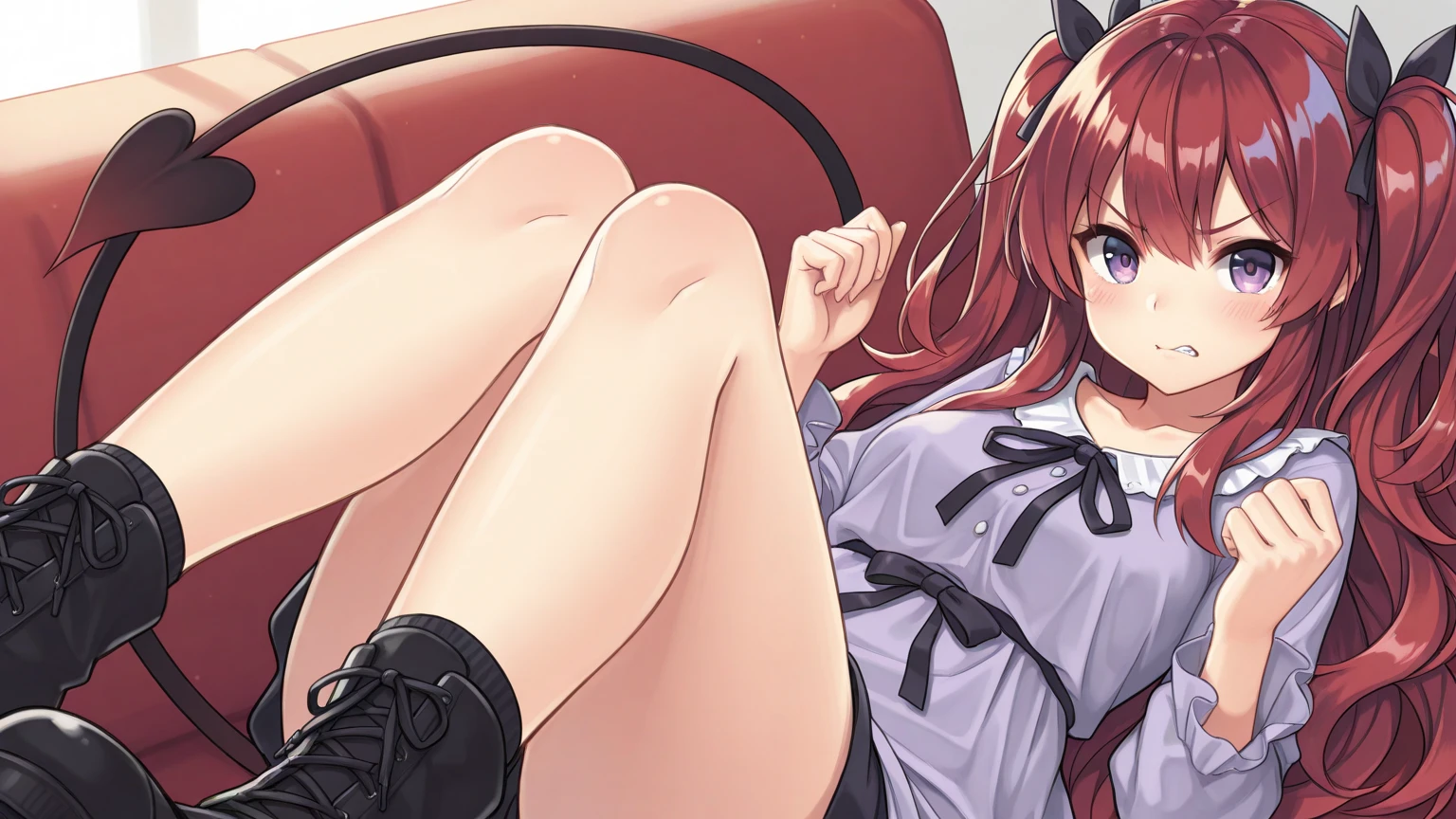 Masterpiece, Monika (Doki Doki Literature Club), giantess, looming over tiny guy, indoors, glaring, smirk, intimidating, dominant, femdom, looking down on tiny guy, sitting on tiny guy, perspective of the tiny guy, sticking hand down her panties