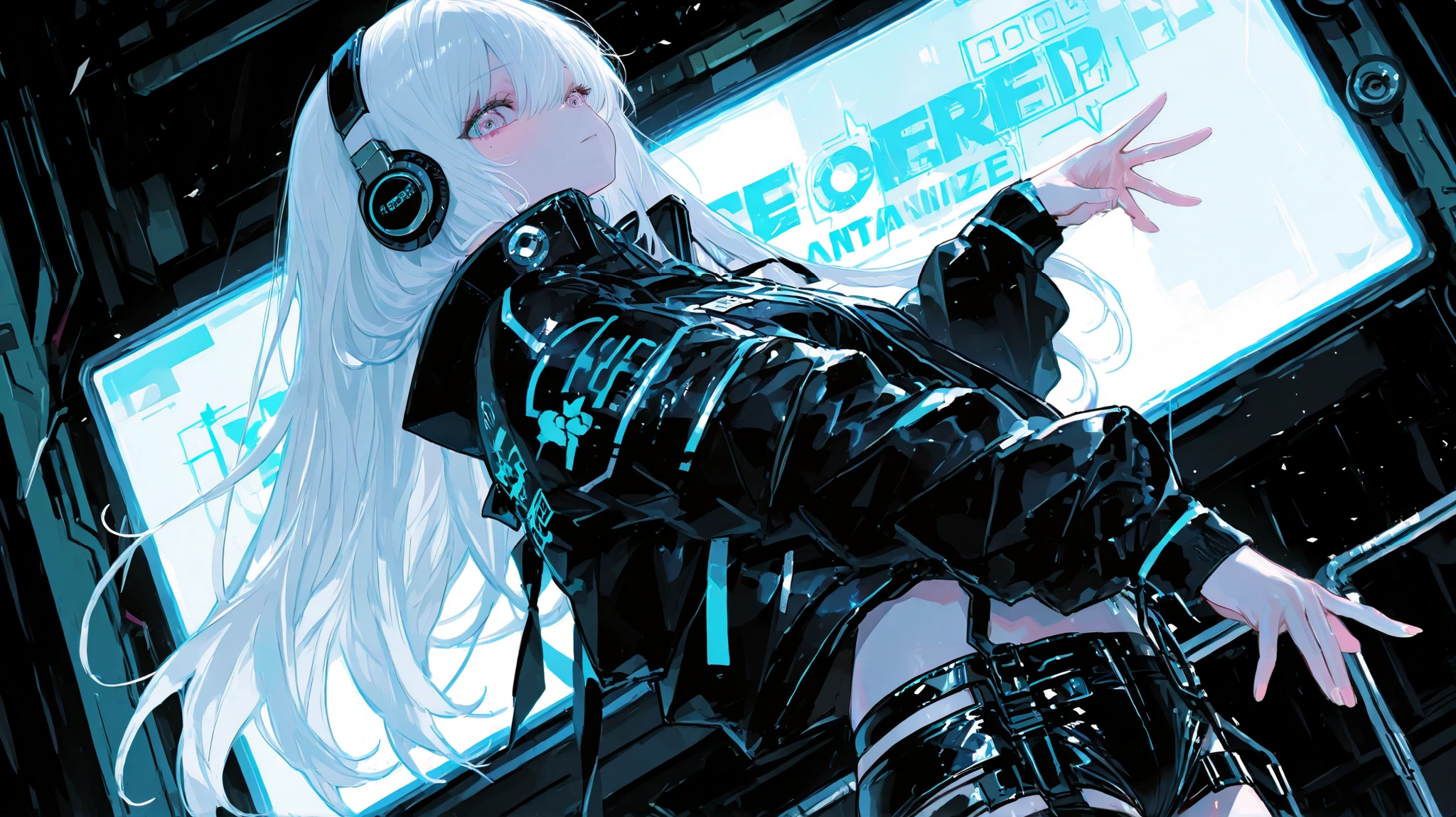 (One Woman :1.3)、one beautiful woman dressed like an ant、Dynamic、White long hair、cyber jacket、Cyber Pants、headphones, Song、amazing、top quality,cyber world with machines,amazing、Moving Poses、fantastic、outstretched hand、 rapper