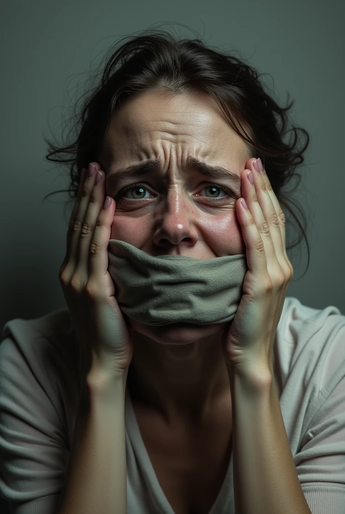 (photography)(dynamic) A closeup face of a female Malay, wearing hijab. Her mouth is covered by two gloved hands from the back. Crying expression.