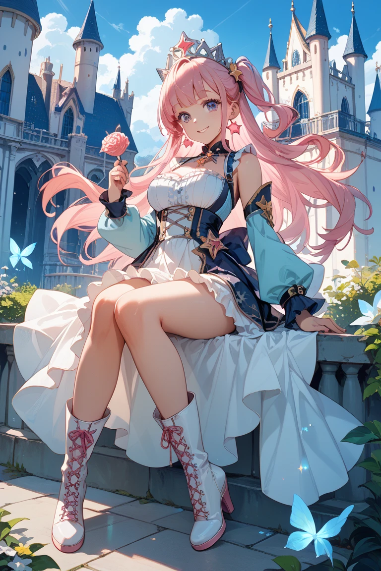 her hair lengthens into long pigtails and turns sky blue with a light pink ombre at the bottom. There is also a thin pink streak in the middle of her bangs. On top of her head are a pair of big white wing-like clips with gold lining and two small blue bows with pink hearts at the bottom along with a gold crescent-shaped with dark blue sphere earring in the right and a gold ear stud in the left. Her dress's bodice is white on top with a thick gold string and dark blue at the bottom with gold lining and two white dots. It also has a gold brooch with a pair of light blue wings with a dark blue sphere and gold four pointed star design and white little necktie with blue trim at the bottom. On her left shoulder is a gold cape holder and a long blue cape that is red in the front with golden fringe lining the bottom. The skirt is cerulean with blue stripes surrounding it and white and pink ruffles lining it along with a pair of pink bows on each side. She also wears puffy white and baby blue sleeves with pink trims on her upper arms and white finger-less gloves with a pink heart and pink lining in the back and yellow wristbands. Her shoes are blue with golden spiky toes and soles and pink ruffles on top with long white thigh-like socks with blue chevron markings on top.