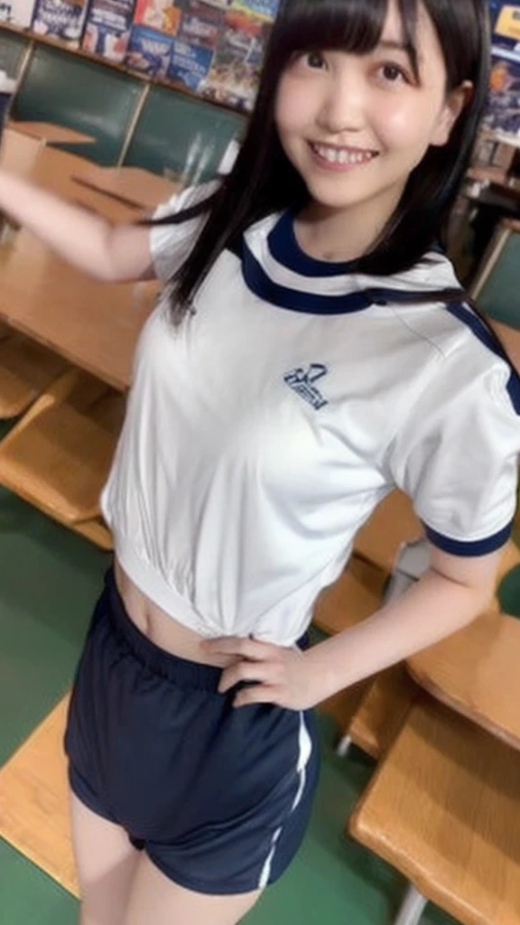 10th generation, sky blue aged bloomer、dirty bloomers、A small, old white T-shirt、Old pale red bloomers with two white lines on the sides、Slight cross-eyed、two girls、sports meeting、black hair、Japanese、hair medium straight、 skinny、embarrassed look、brown eyes、delicate、small butt sticking out、thin thighs、spread legs、gym uniform, not sensitive