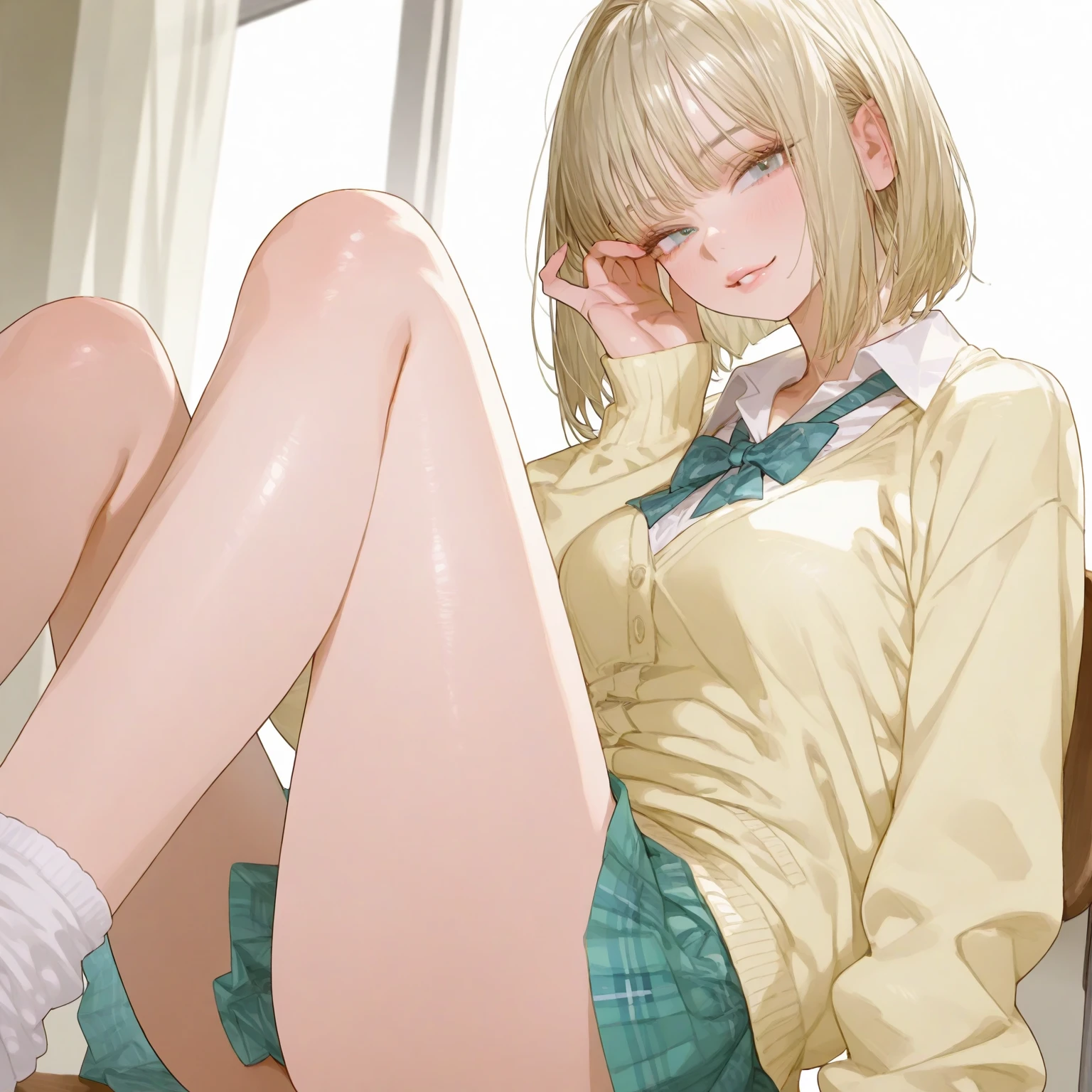 (super flat, flat shading), Honors Type, Really blushing, 17 years old, high school girl, wearing , Short bob cut blonde hair, Glasses, (((sun burn dark skin))), sweaty healthy body, mesugaki smile, tongue out, white panties, (cameltoe:1.3), bare legs, loafers, ultra realistic, early morning, crossed arms, (spread legs:1.5), (squatting:1.2), in crowded street, (panty shot:1.5)
