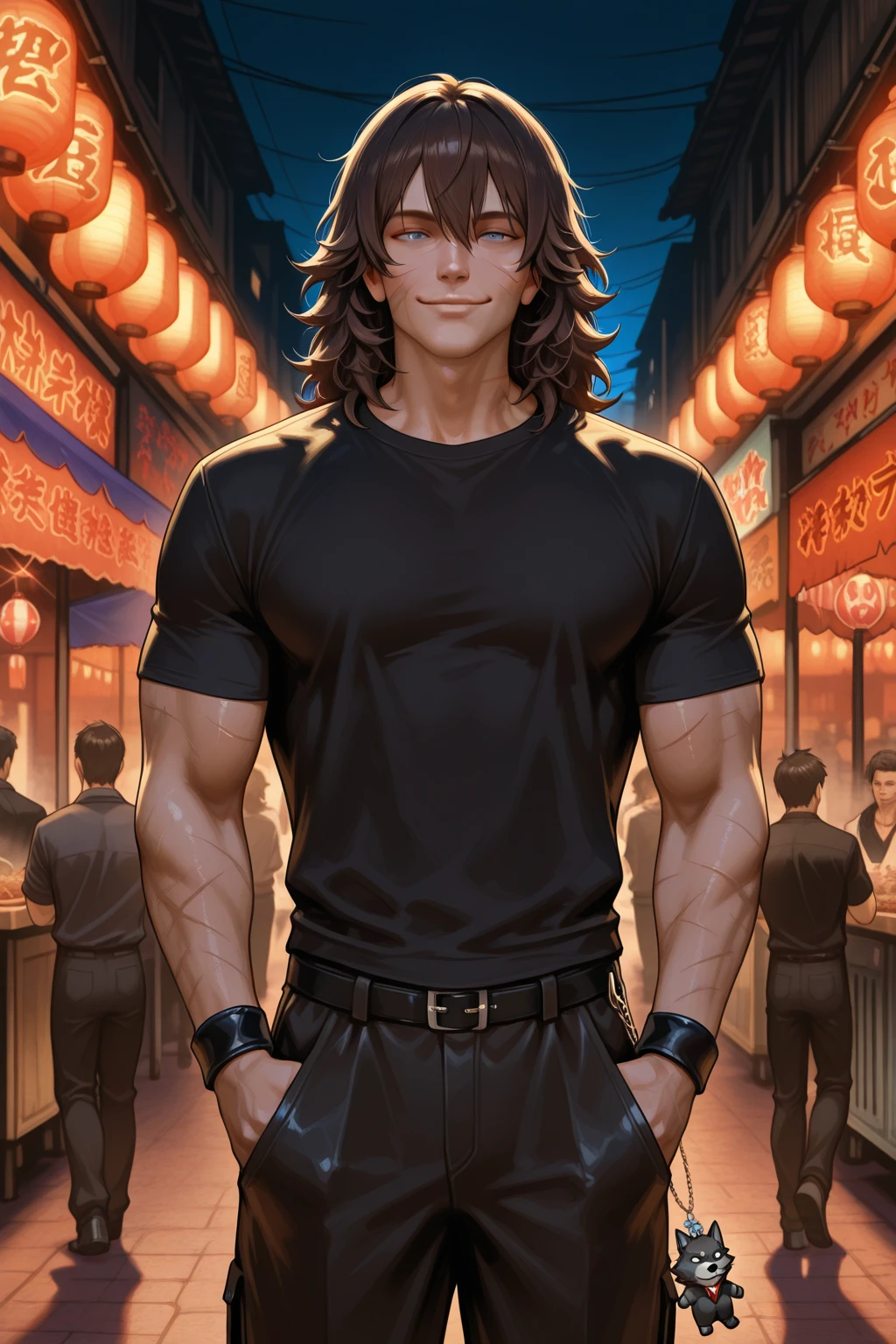 Handsome male bodyguard at rest, 34 years old , Deep German American Facial Features, Steel blue-gray eyes，With warmth , Dark brown fluffy hair, Light Beard Shadow , Sturdy Body，Strong arms and broad shoulders, wearing a black T-shirt and dark khaki pants, Leather Wristband, Casual but dangerous vibe, If the hidden evil smile，With wolf-like charm, eyes with subtle teasing, standing in a dark alley in Taipei, Night Market Neon Reflection on His Face, realistic style, high detail, Cinematic feel --v 5 --ar 2:3 -- Style Realistic -- Light Dark -- Emotion: aloof+is protective -- Textured rough，Scars Visible
